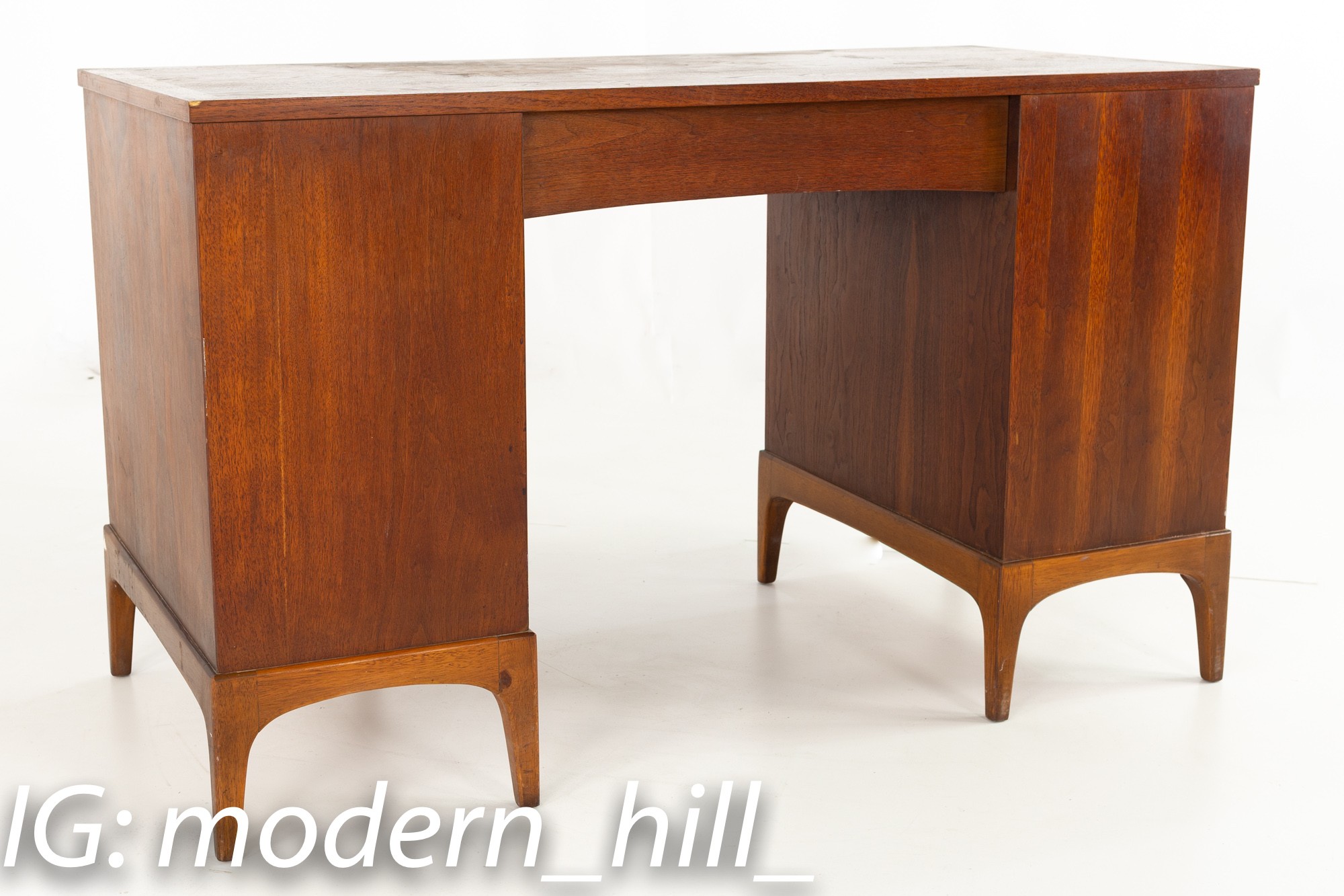 Restored Paul McCobb Style Lane Rhythm Mid Century 6 Drawer Walnut Double Sided Desk