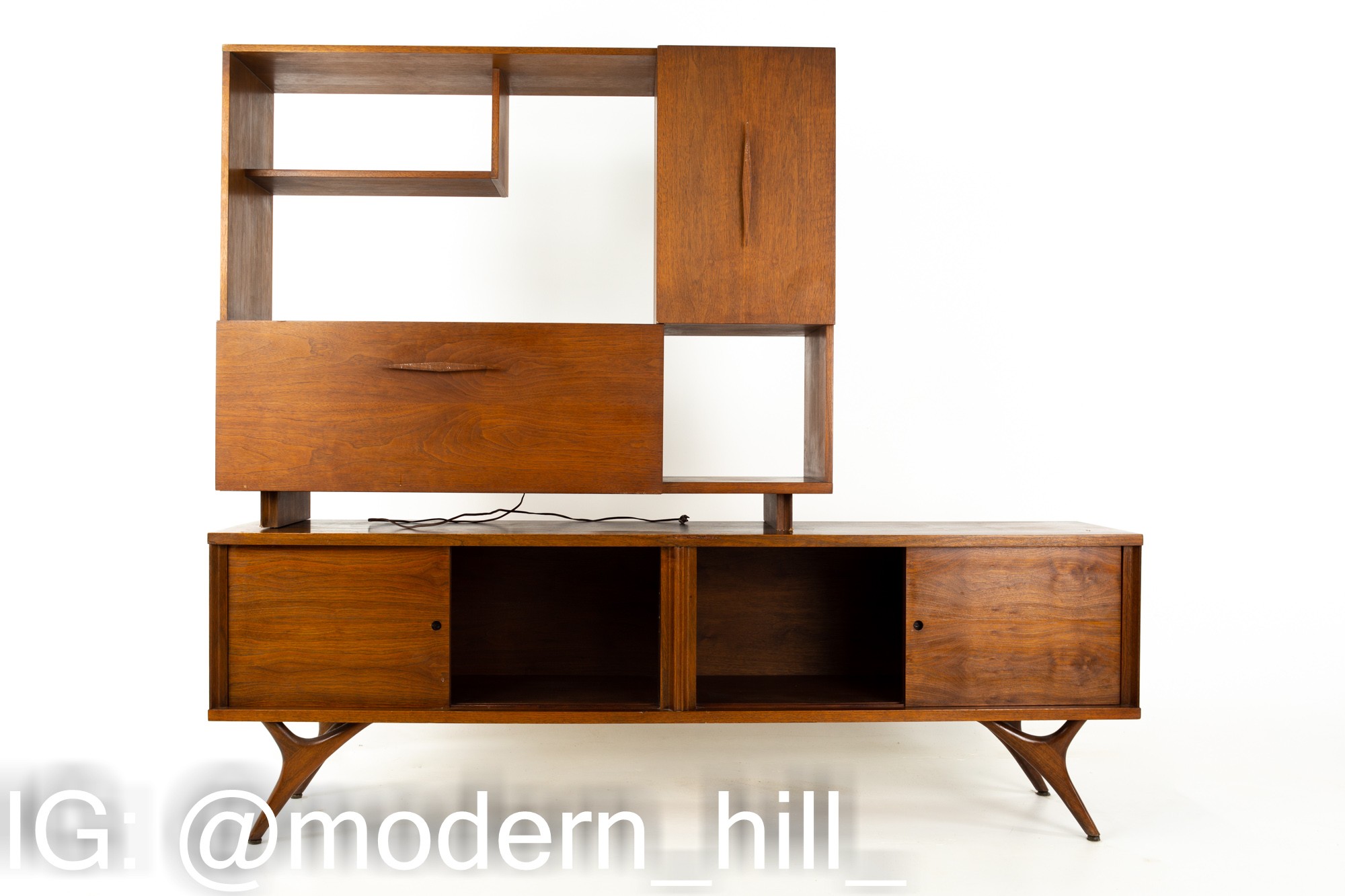 Mid Century Low Walnut Sideboard Credenza Buffet and Hutch