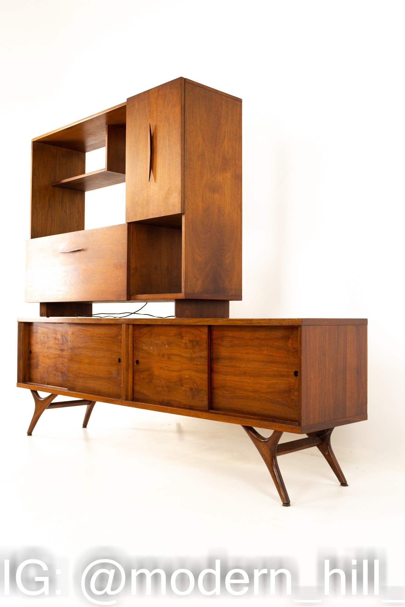 Mid Century Low Walnut Sideboard Credenza Buffet and Hutch
