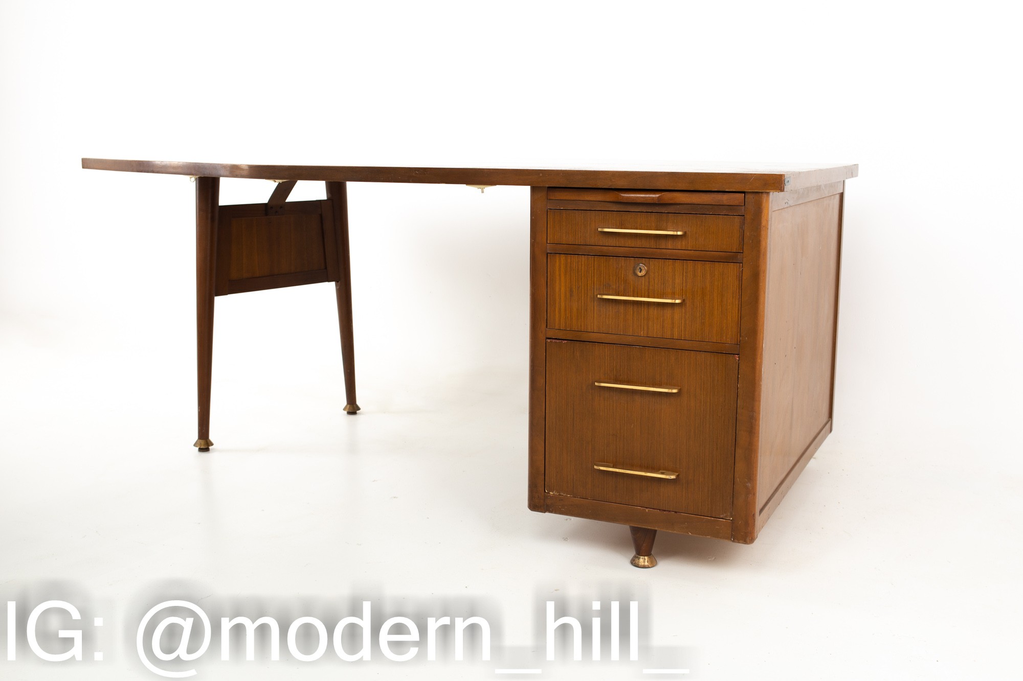 Stow Davis Mid Century Walnut and Brass Boomerang Desk