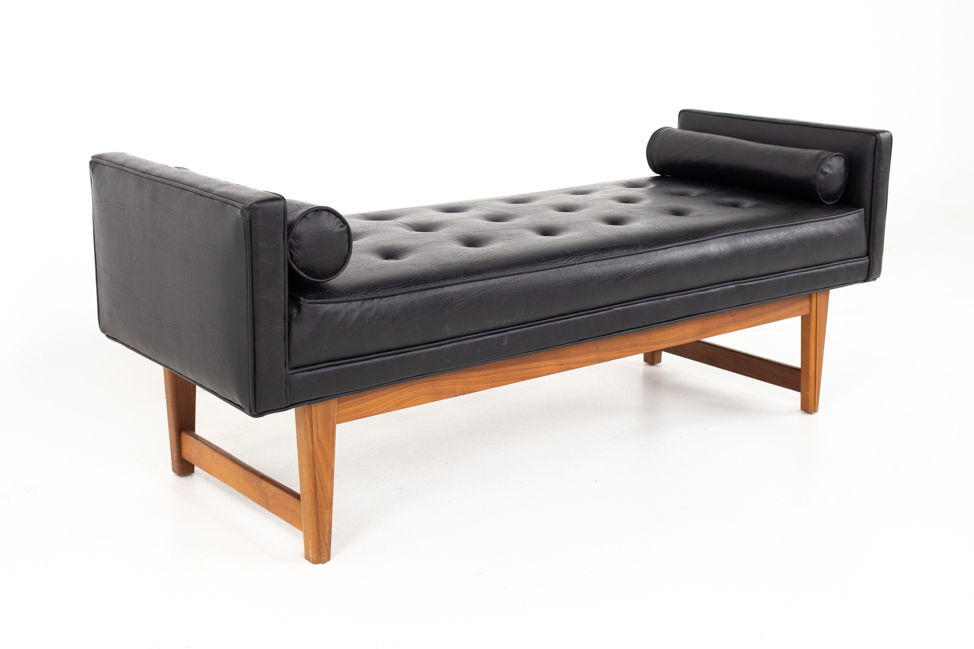 Lawrence Peabody for Selig Mid Century Tufted Black Leather Upholstered Bench