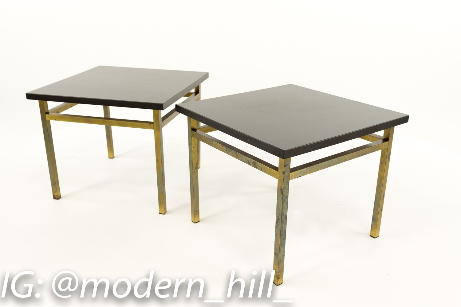 Black Laminate Top Brass Small Accent Side or End Tables - Pair