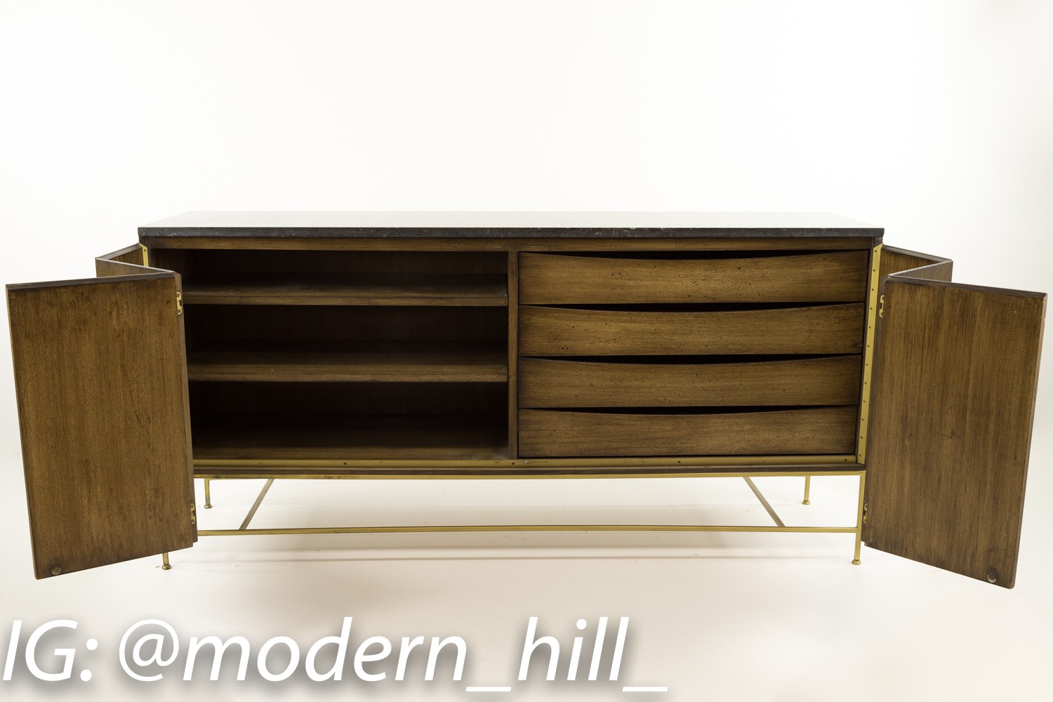 Paul Mccobb for Calvin Brass Base Sideboard Credenza with Black Marble Top