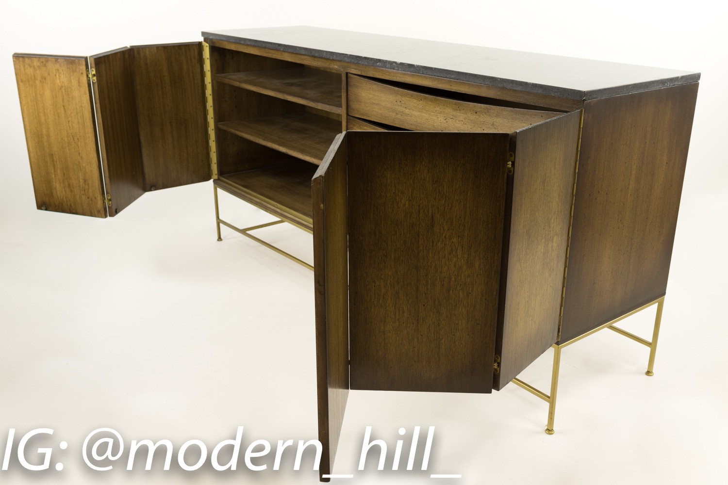 Paul Mccobb for Calvin Brass Base Sideboard Credenza with Black Marble Top