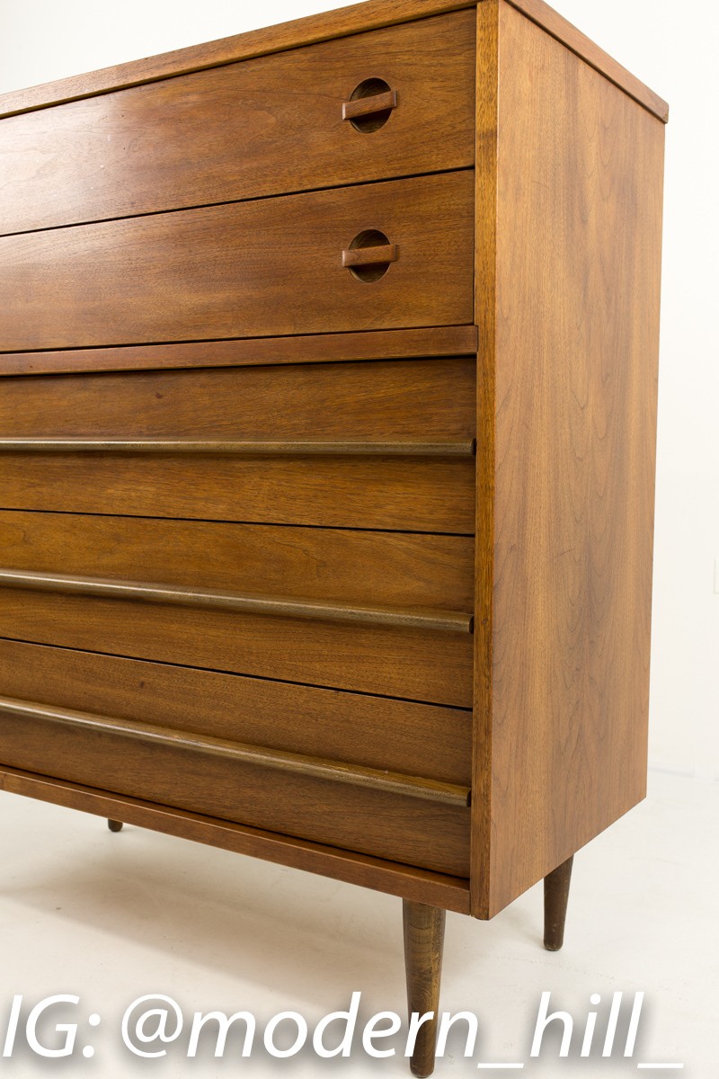 Bassett Walnut Mid Century Modern Highboy Dresser