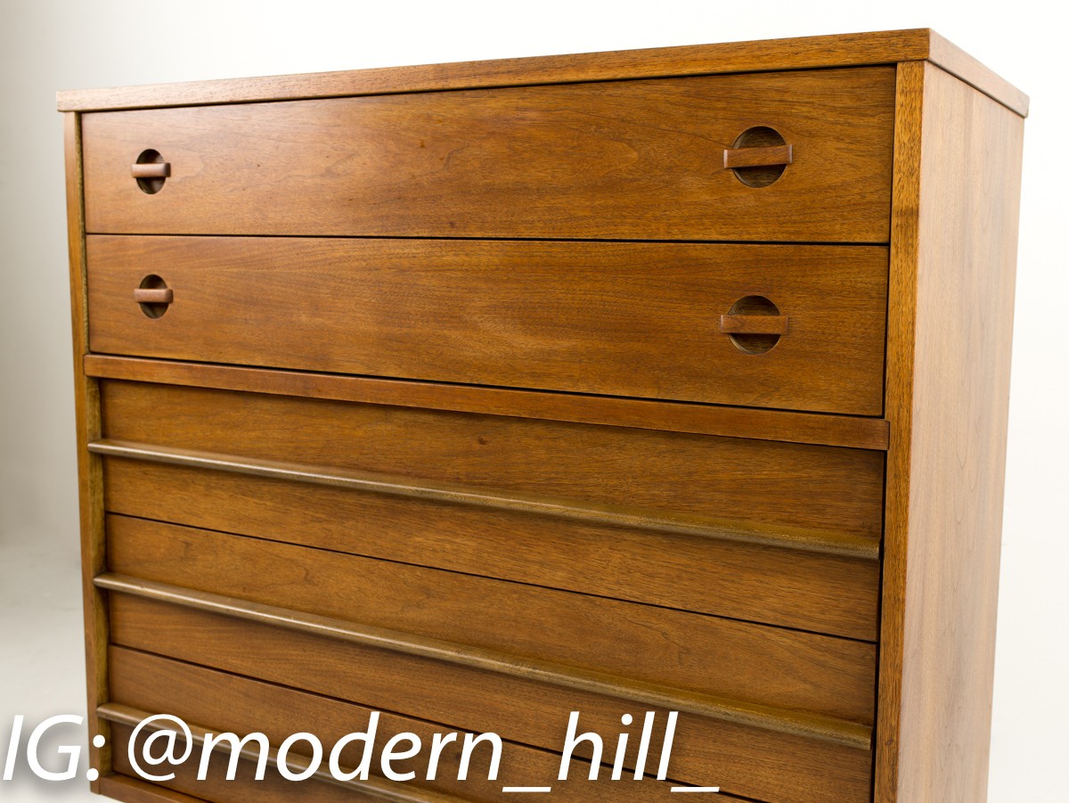 Bassett Walnut Mid Century Modern Highboy Dresser