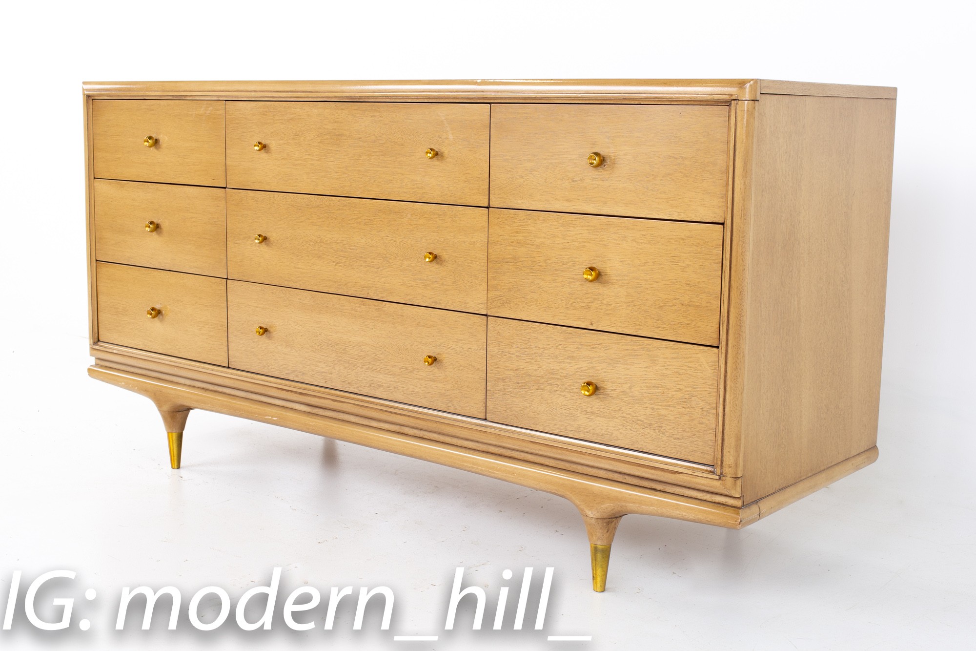 Kent Coffey Continental Mid Century Walnut and Brass 9 Drawer