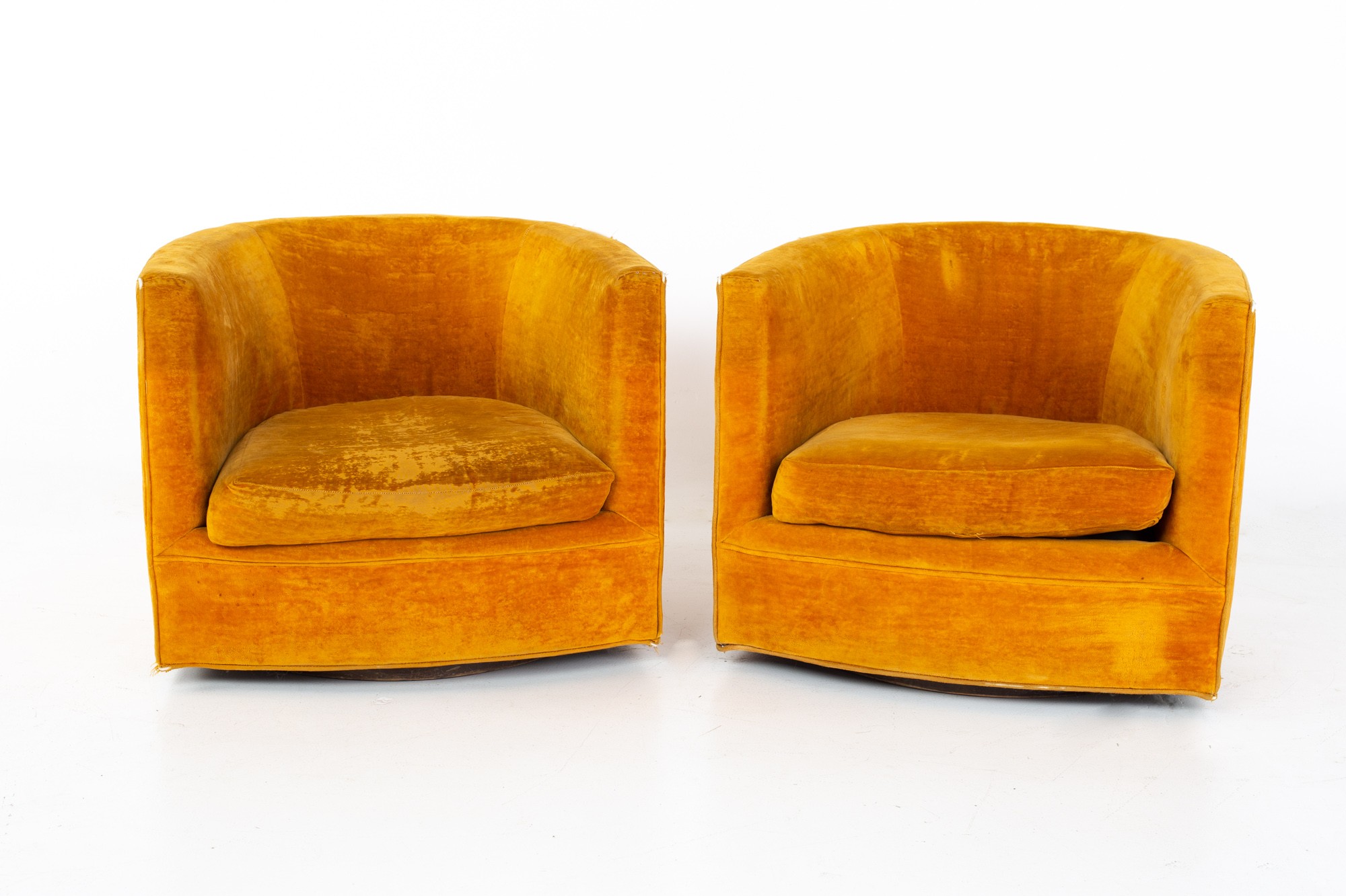 Milo Baughman Style Mid Century Barrel Swivel Lounge Chairs - a Pair