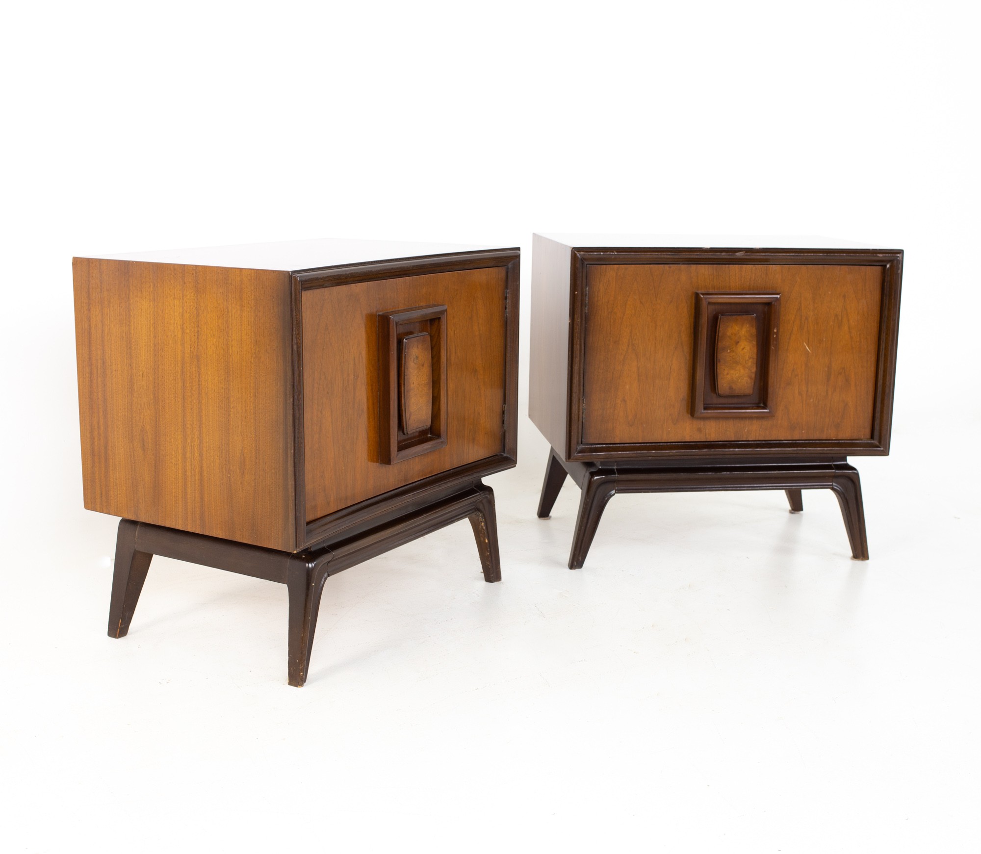 Hoke Wood Products Mid Century Walnut and Burlwood Nightstands - a Pair