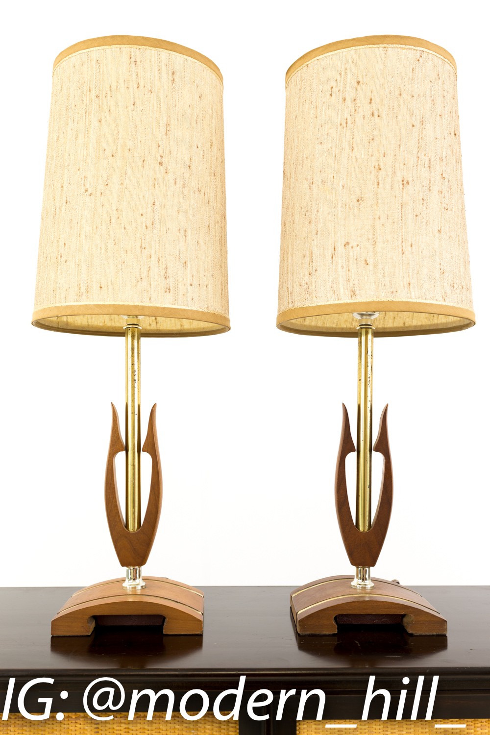 Mid Century Teak and Brass Lamps - Matching Pair