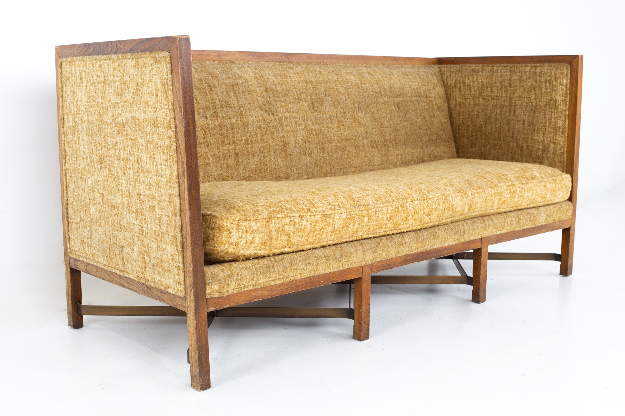 Paul Mccobb Style Mid Century Walnut and Brass Shelter Sofa