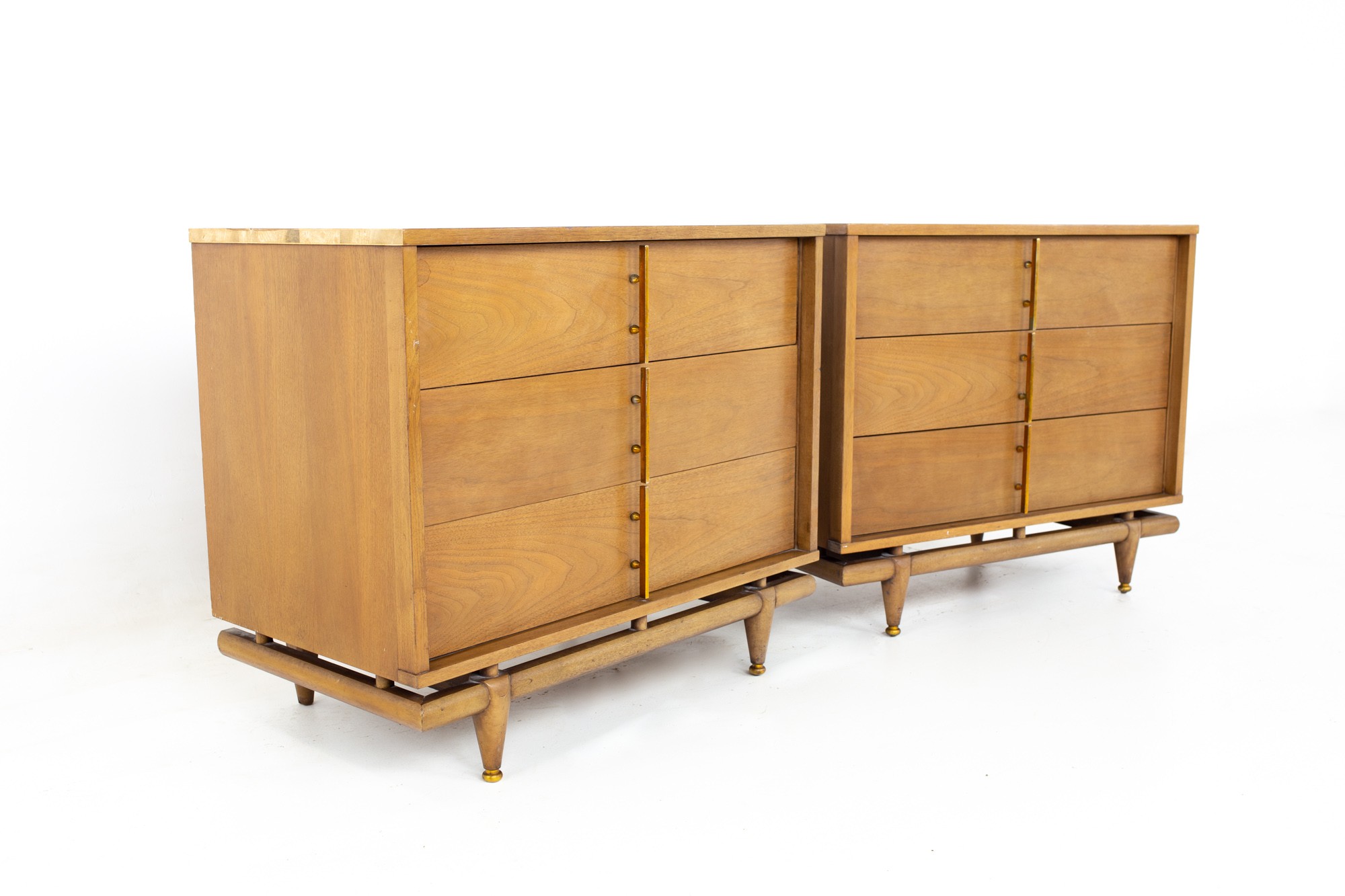 Kent Coffey Sequence Mid Century Walnut and Brass 3 Drawer Chests - a Pair