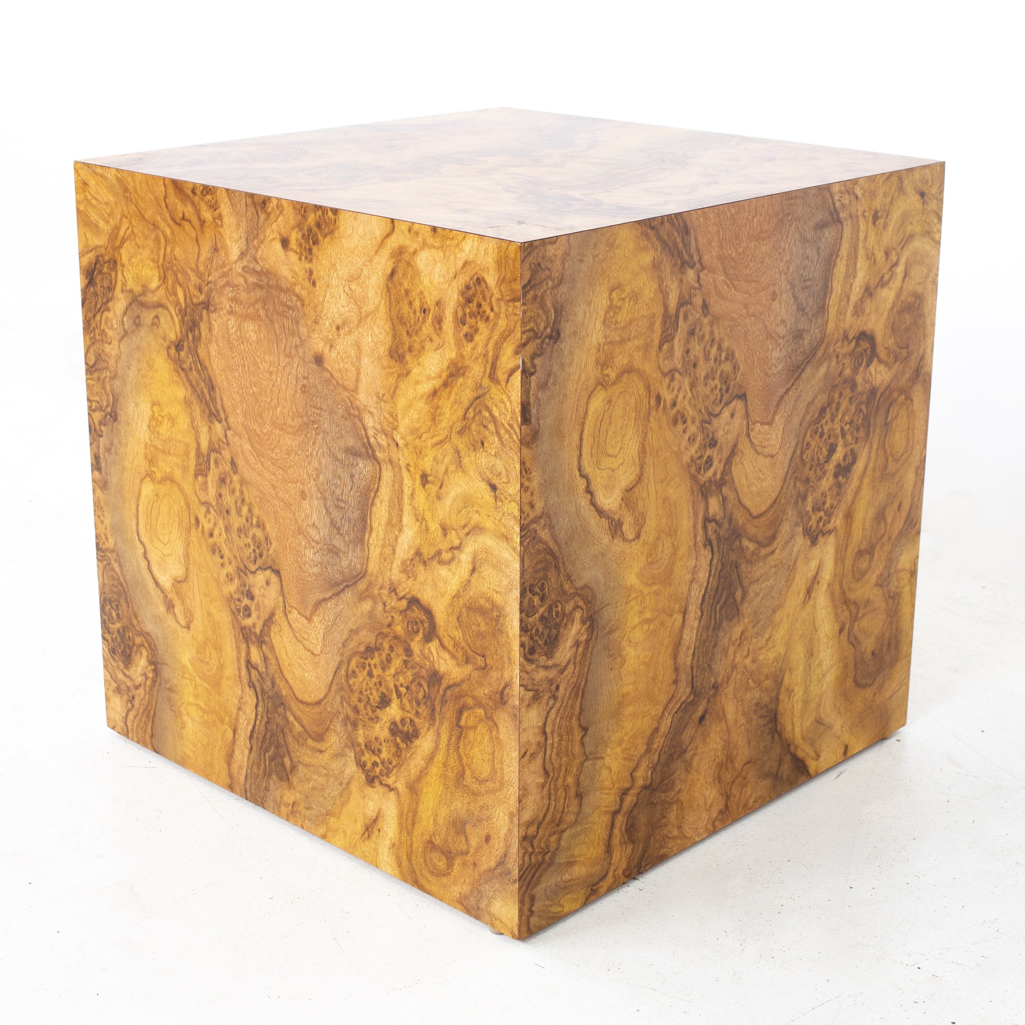 Milo Baughman Style Mid Century Burlwood Laminate Cube Side End Table