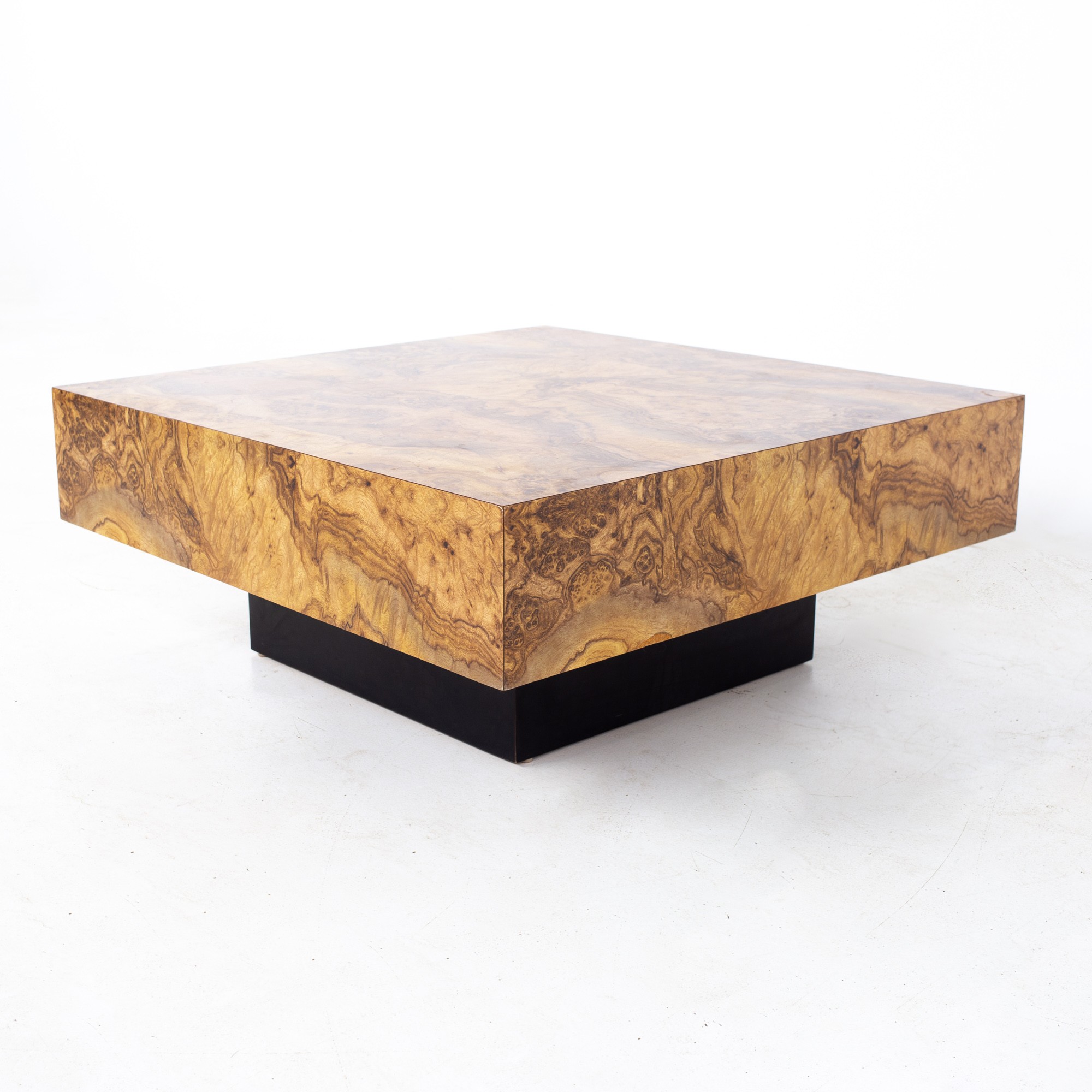 Milo Baughman Style Mid Century Burlwood Laminate Pedestal Coffee Table