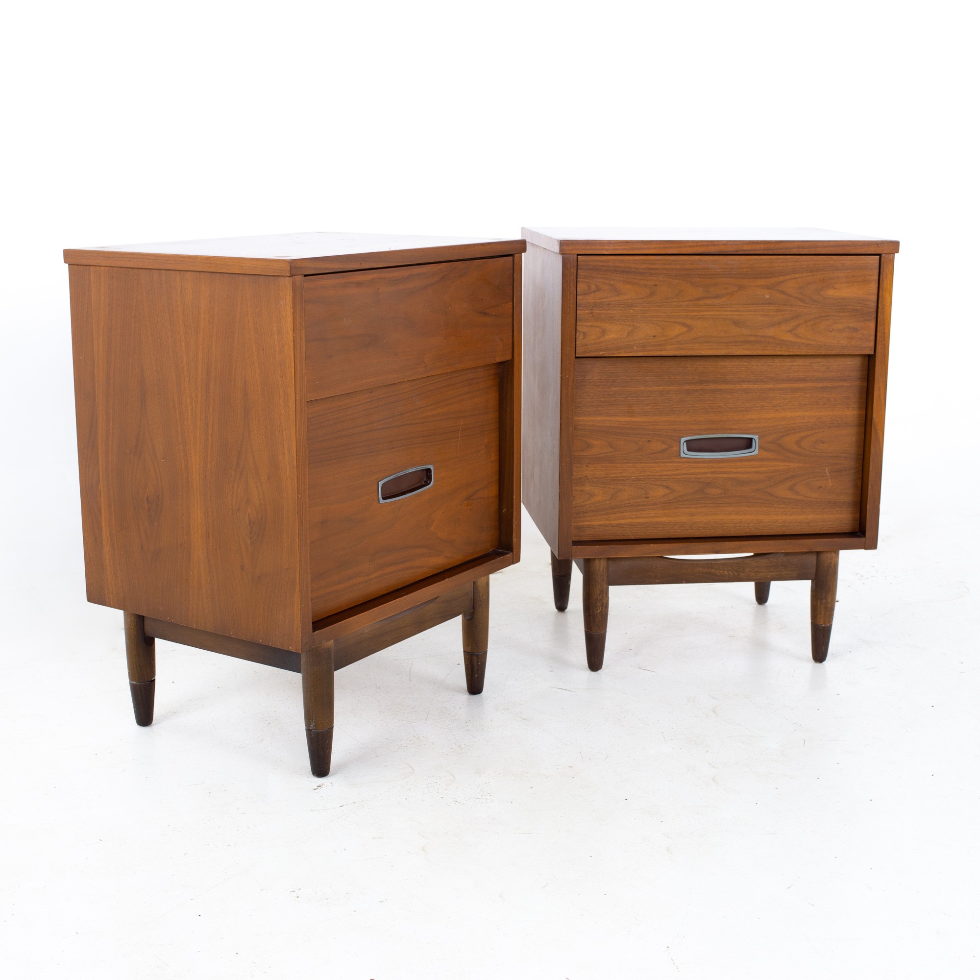 Mainline by Hooker Mid Century Walnut and Stainless Nightstands - a Pair