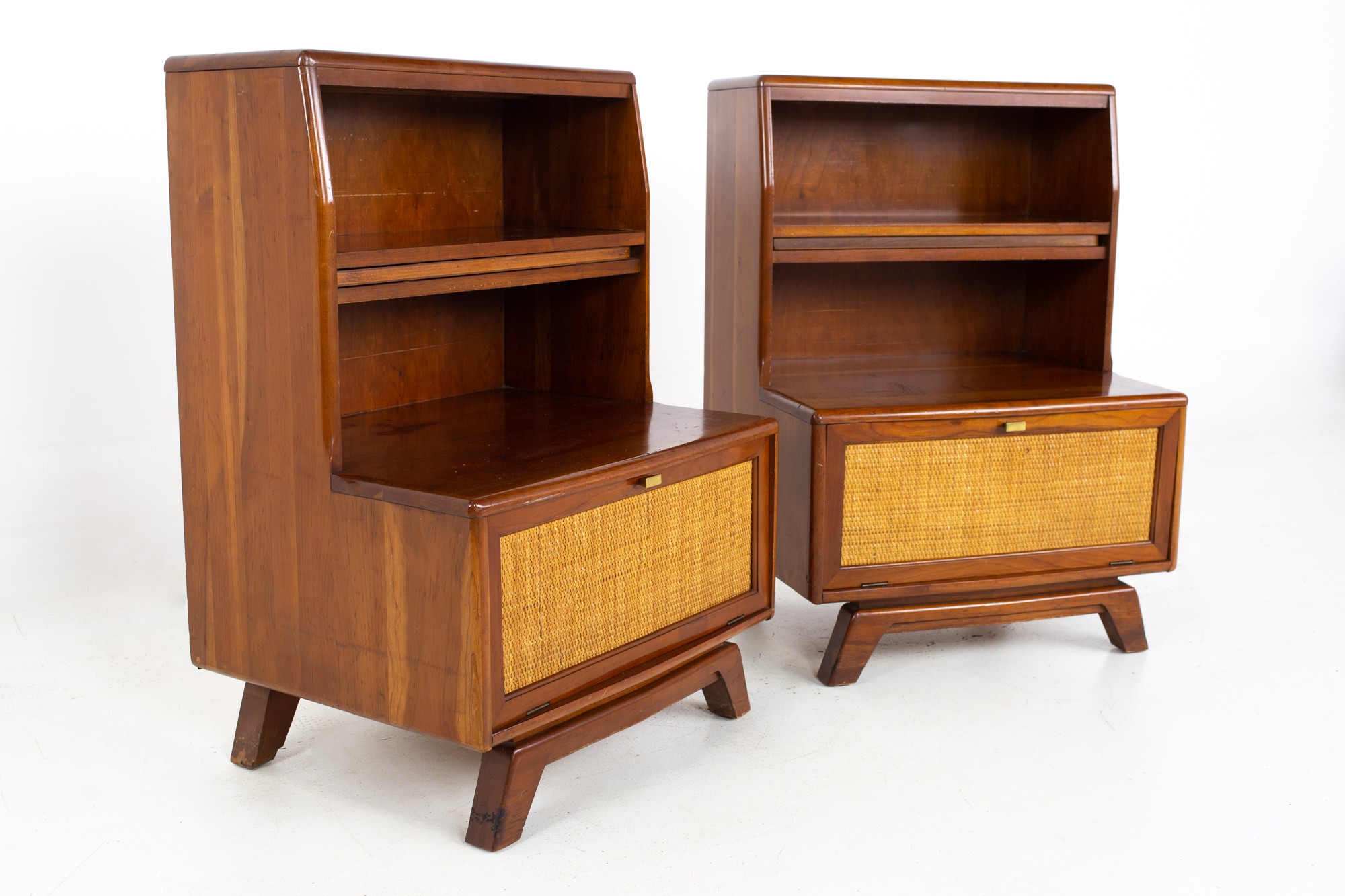 Mid Century Solid Cherry and Cane Extendable Shelf Nightstands - a Pair