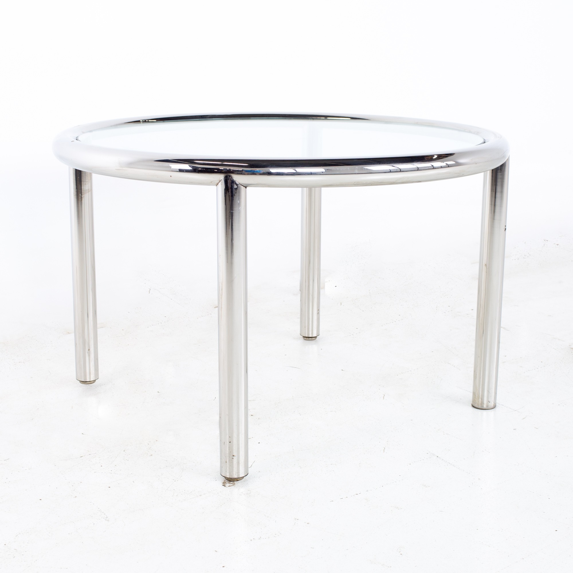 Milo Baughman Style Mid Century Chrome and Glass Round Coffee Table