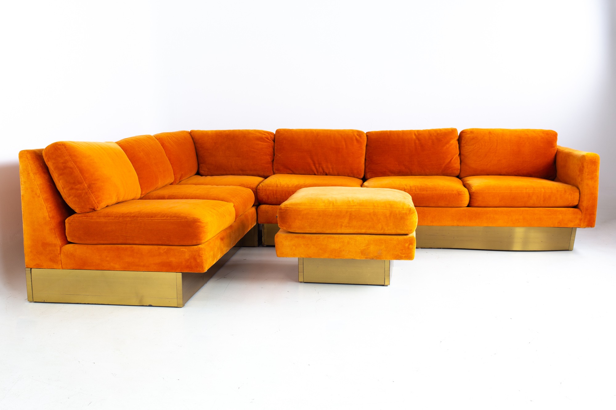 Milo Baughman Style Forecast Furniture Mid Century Orange Velvet and Bronze Pedestal Sectional Sofa and Ottoman