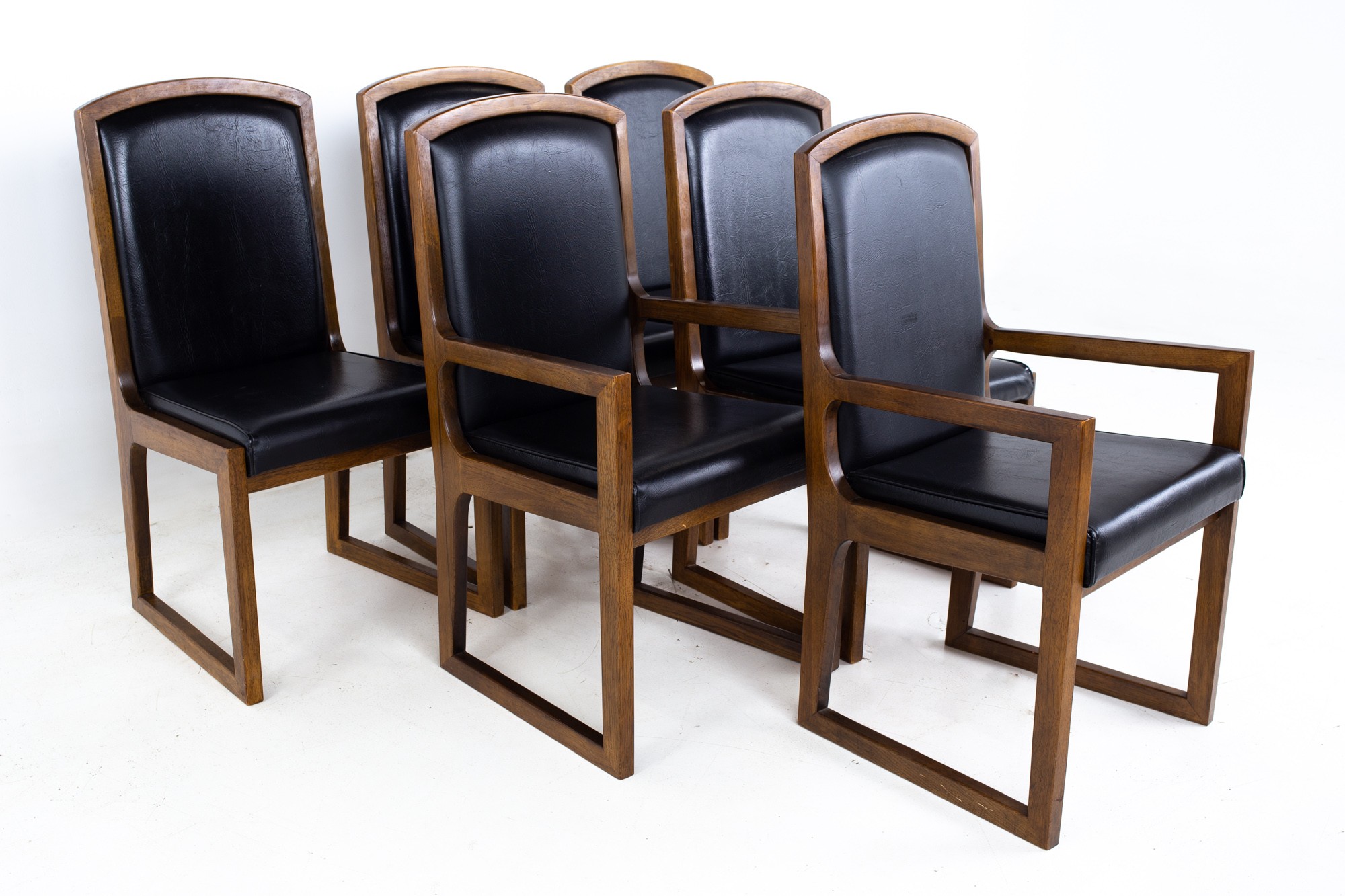 Thomasville Mid Century Walnut and Black Naugahyde Sleigh Leg Dining Chairs - Set of 6