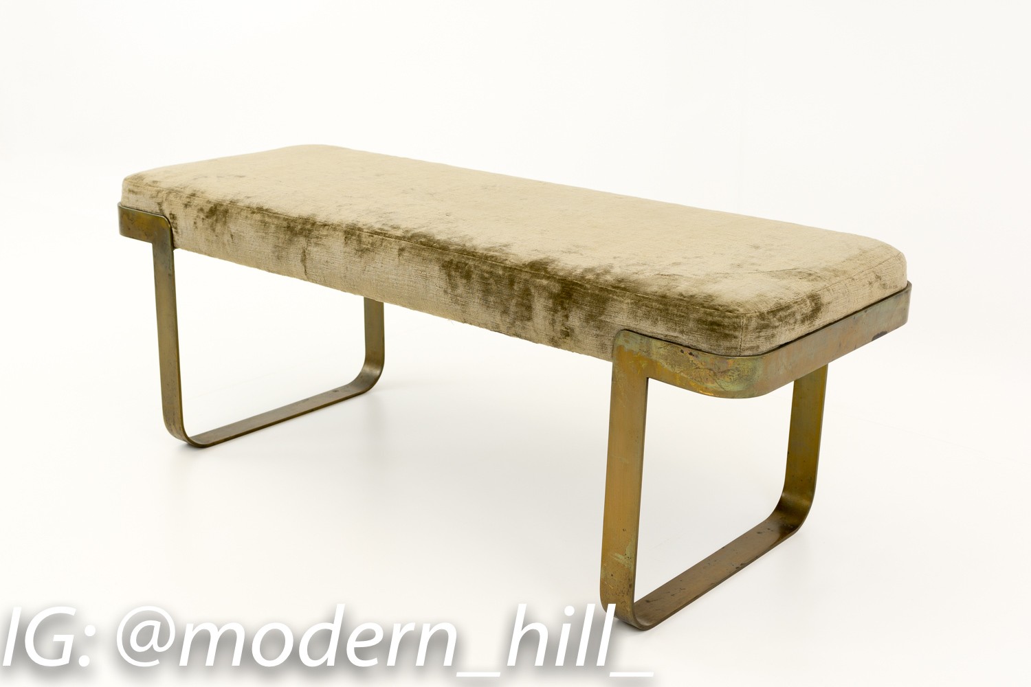 Brass Base Mid Century Bench with Velvet Upholstery