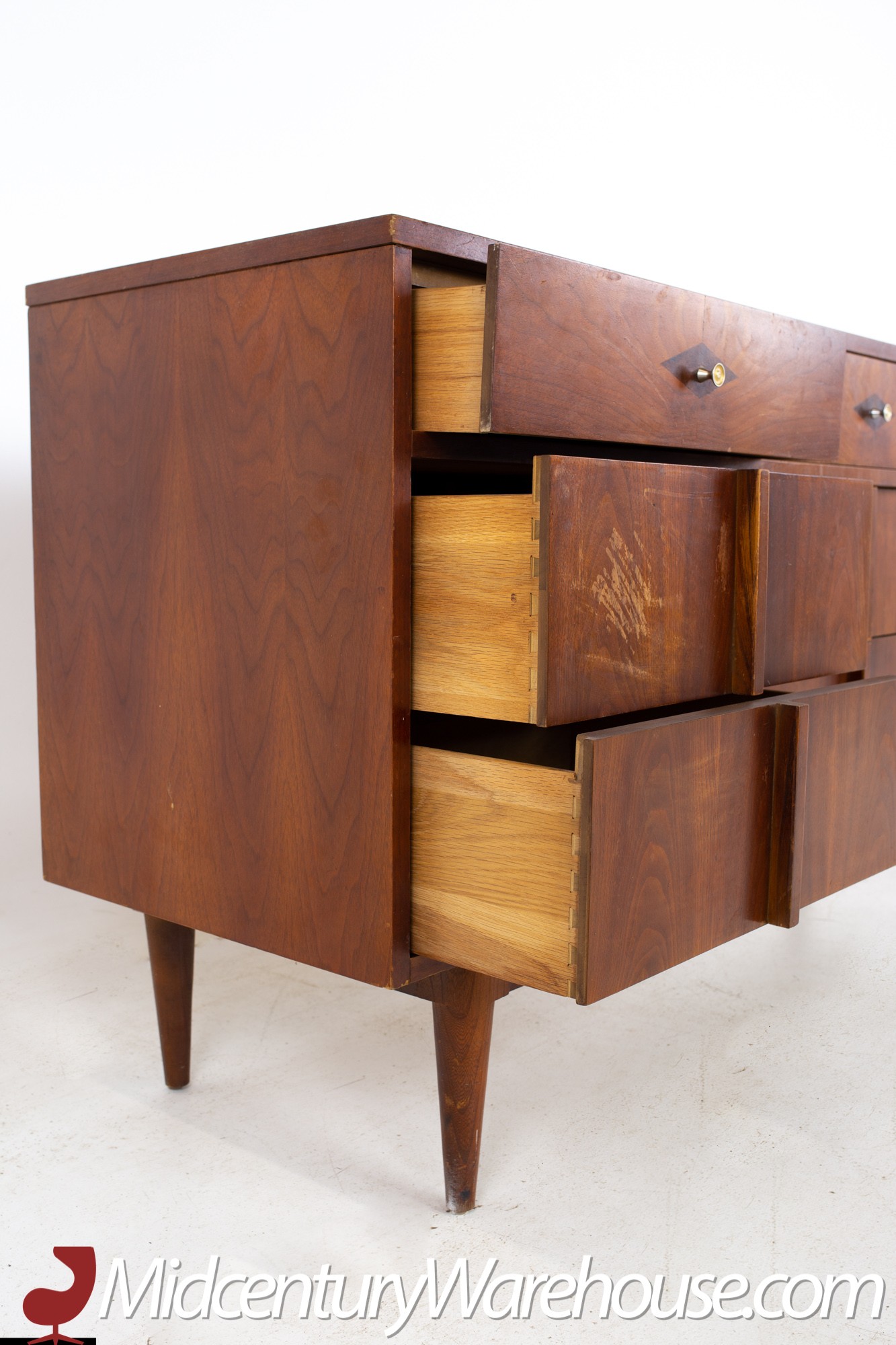 Basic Witz Mid Century Walnut 9 Drawer Lowboy Dresser, Mid Century Modern  Furniture