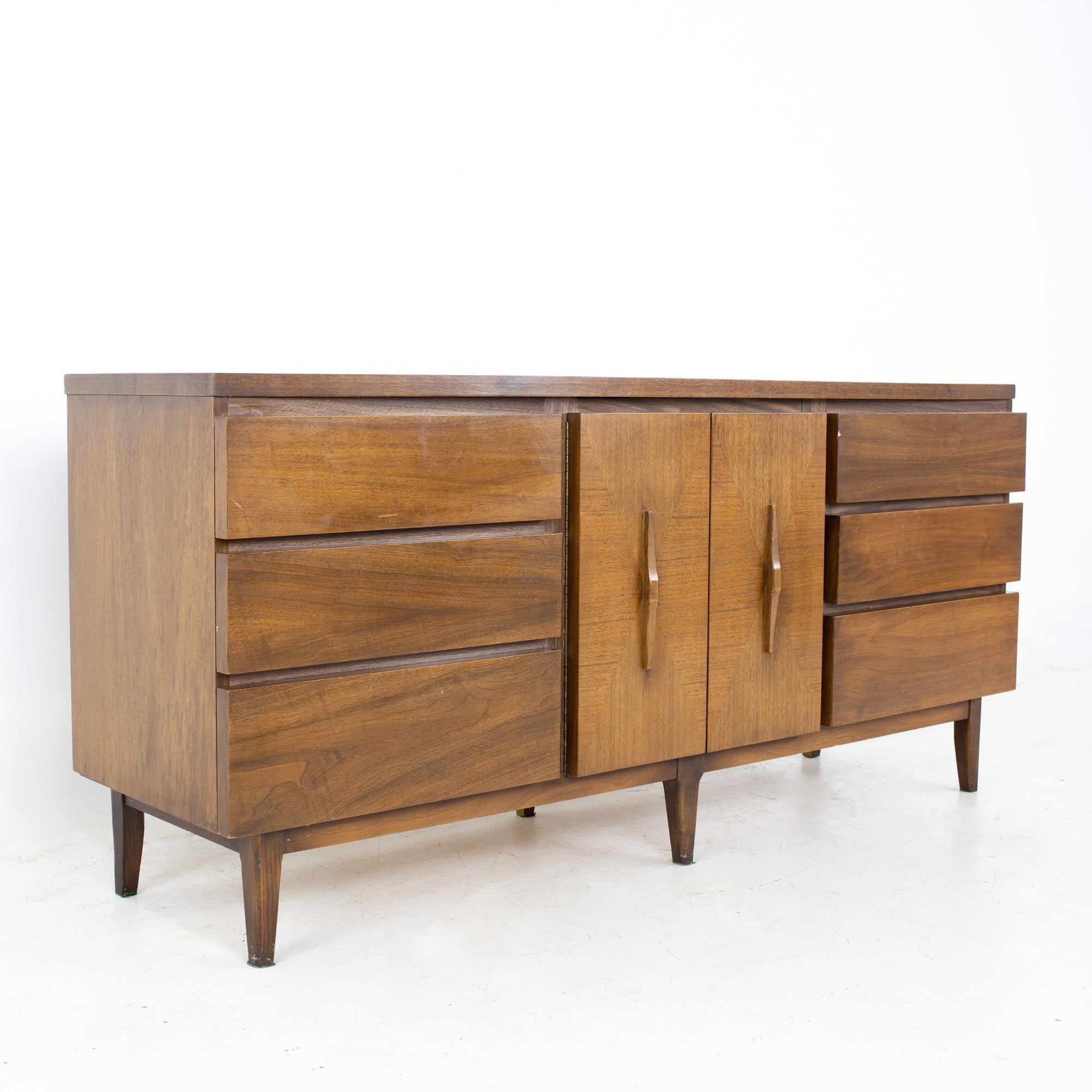 Mid Century Harlequin Bow Front Inlaid Walnut 9 Drawer Lowboy Dresser