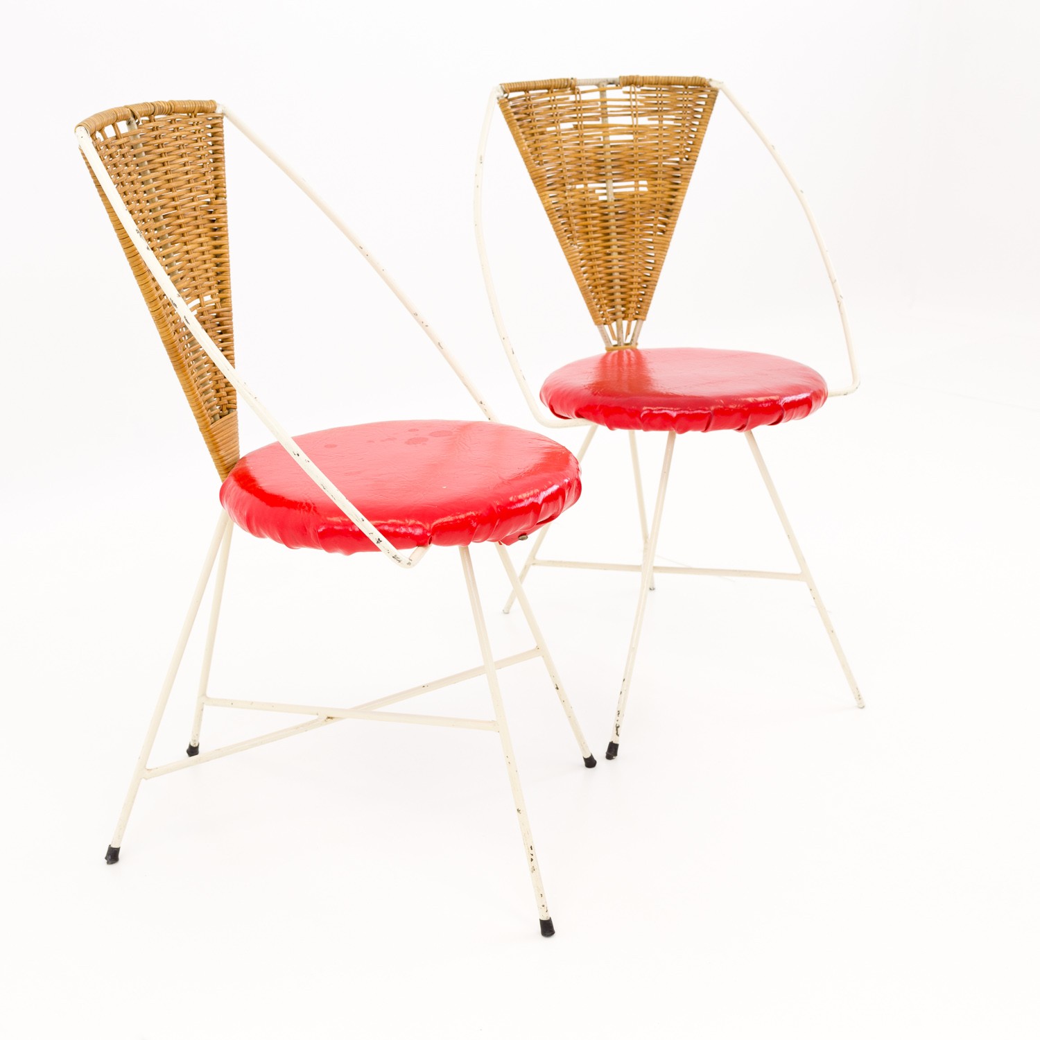 Arthur Umanoff Mid Century Modern Iron and Wicker Vanity Chairs - Matching Pair