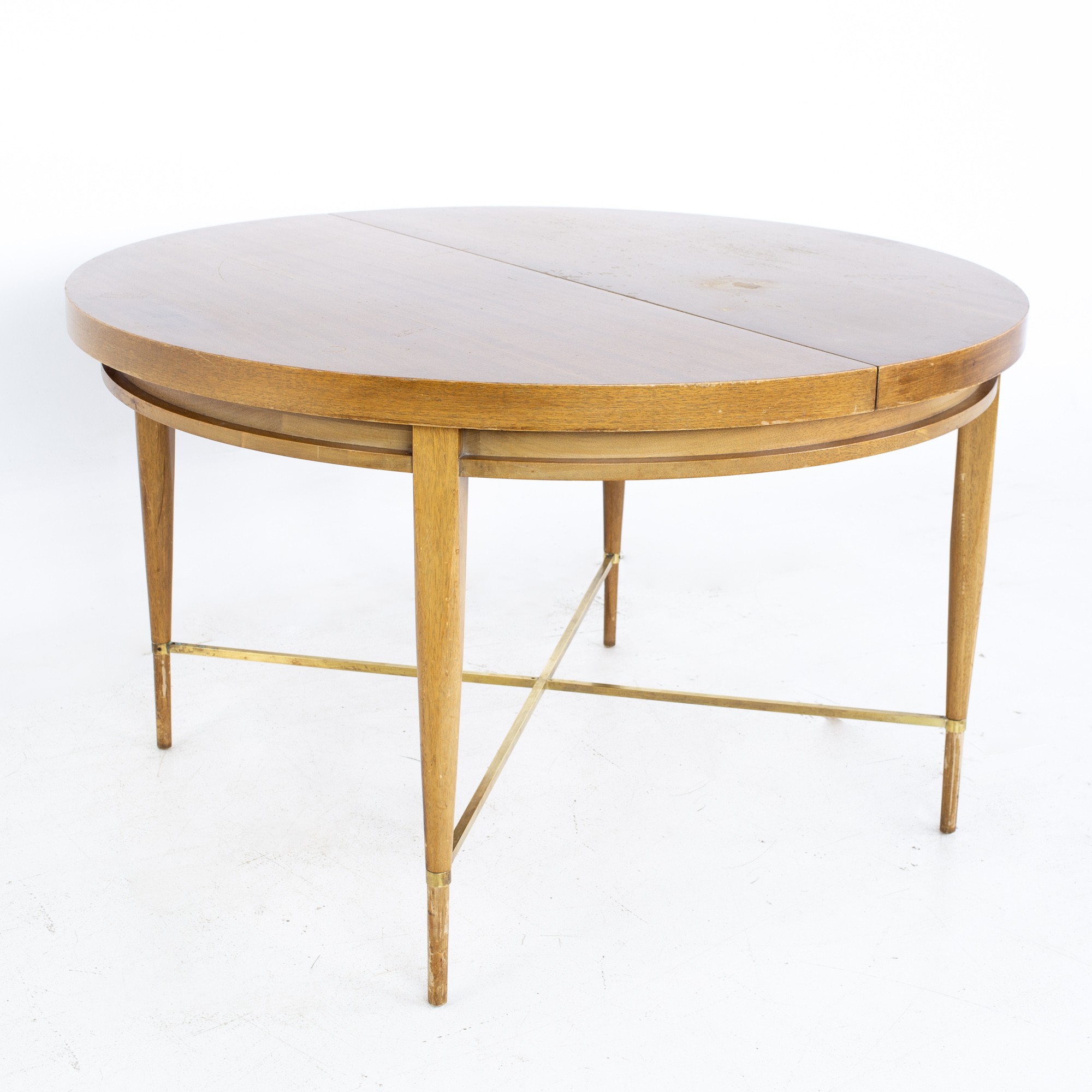 Paul Mccobb for Calvin Mid Century Mahogany and Brass Expanding Round Oval Dining Table