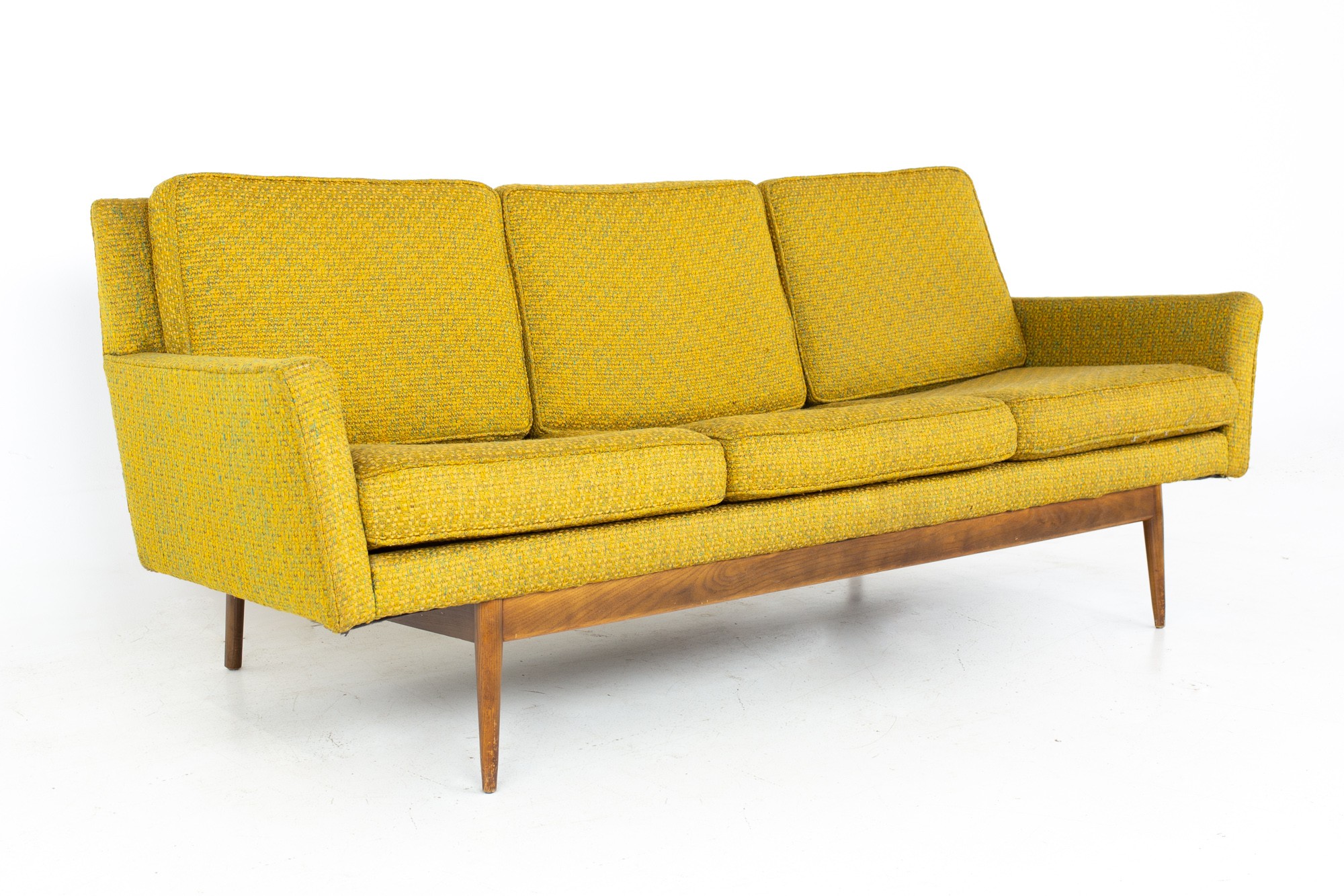 Jens Risom Style Mid Century Walnut Bracket Back 4 Seater Sofa Modern