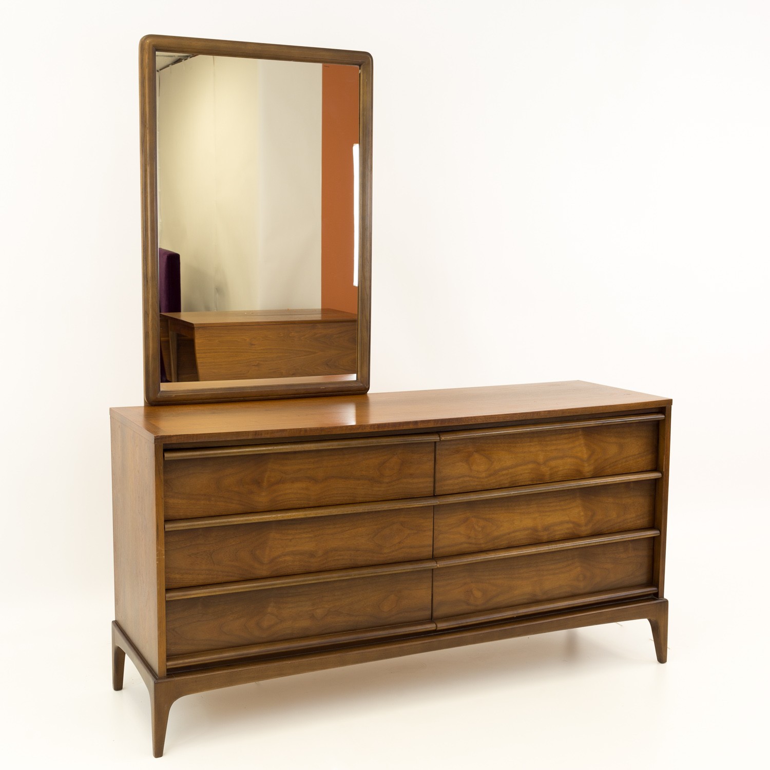 Paul Mccobb Style Lane Rhythm Mid Century Walnut 6 Drawer Lowboy Dresser with Mirror