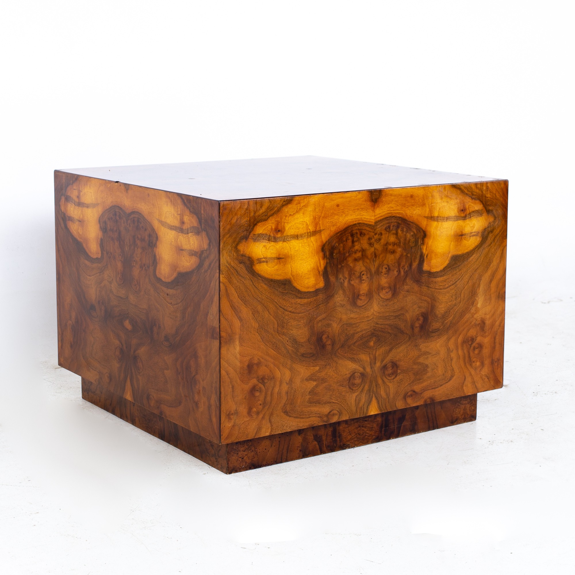 Milo Baughman Style Mid Century Burlwood Cube Side Table
