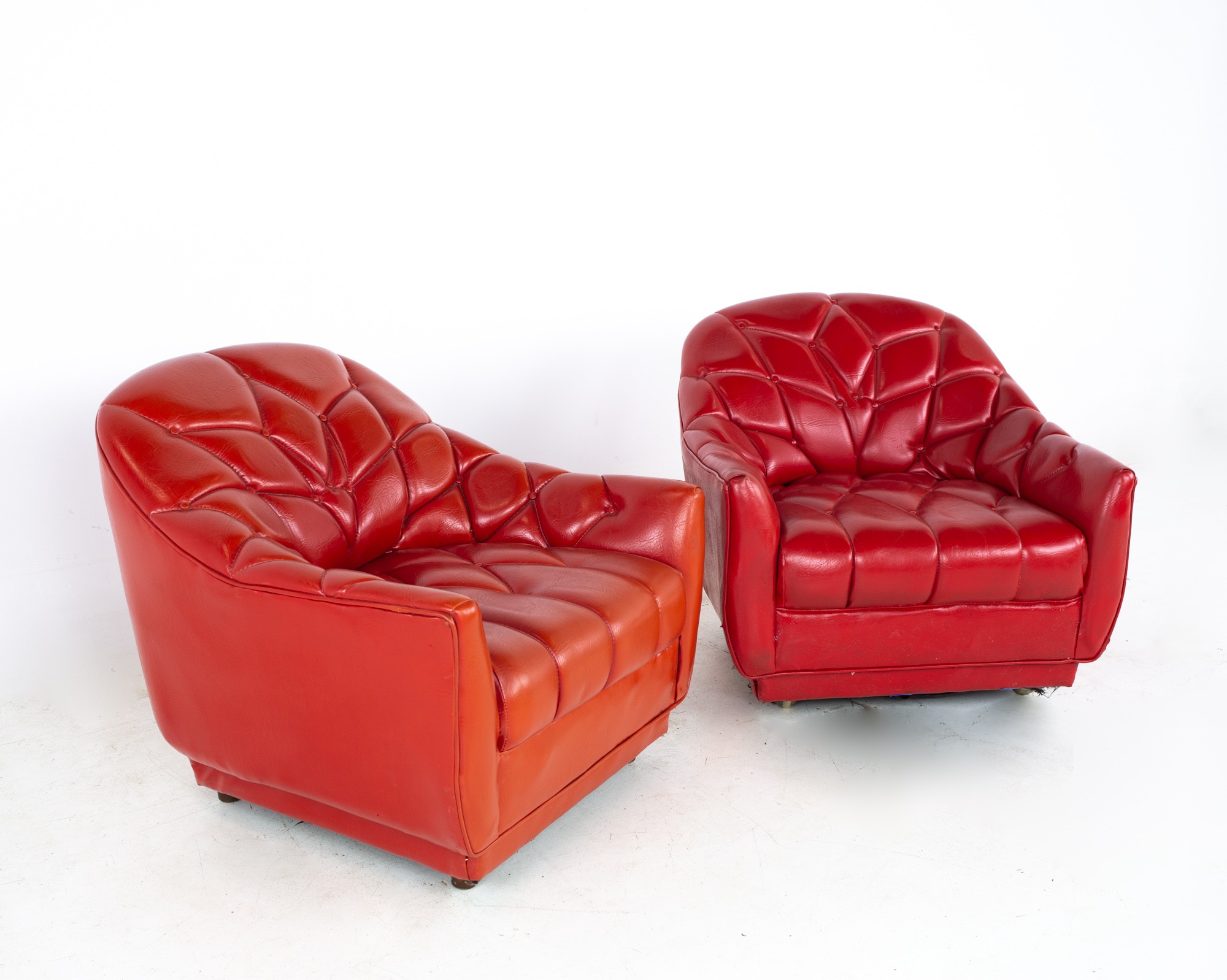 Vladimir Kagan Style Mid Century Tufted Red Naugahyde Lounge Chairs - a Pair