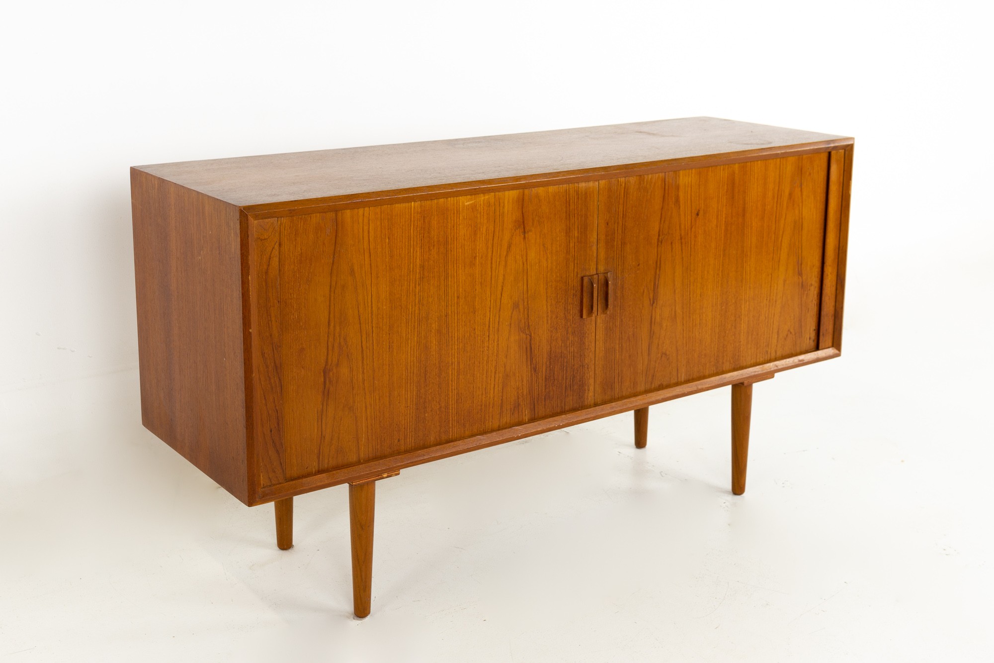 Svend Aage Larsen for Faarup Mobelfabrik Mid Century Danish Teak Tambour Door Petite Sideboard Credenza