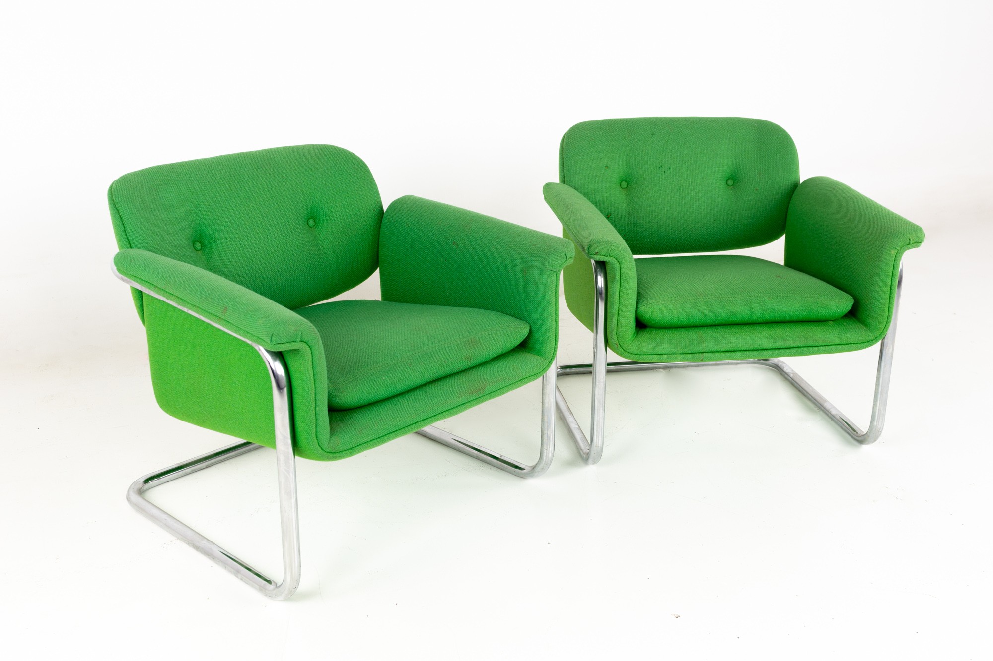 Mid Century Green and Chrome Cantilever Lounge Chairs - a Pair