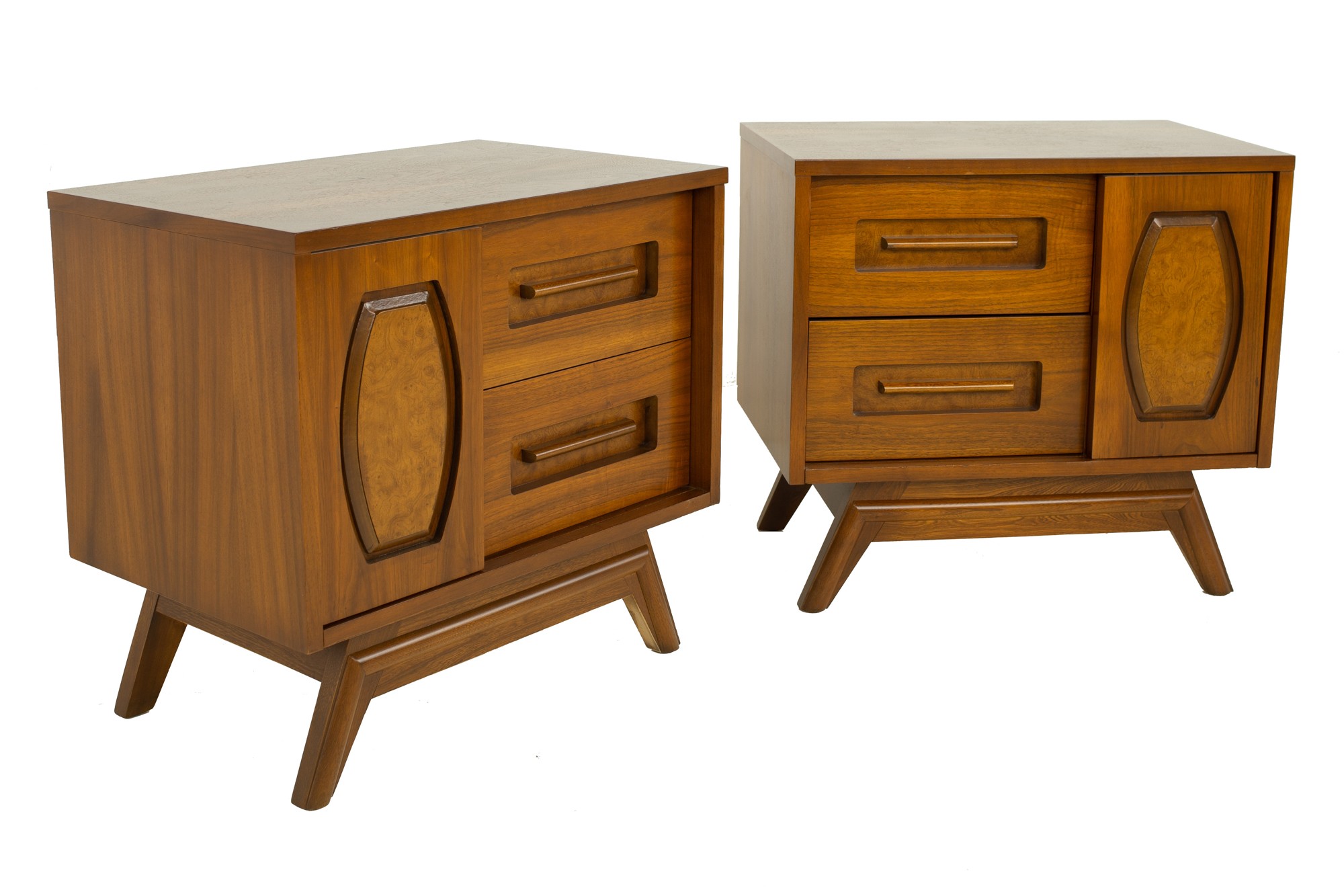 Young Manufacturing Mid Century Walnut and Burlwood Nightstands - a Pair
