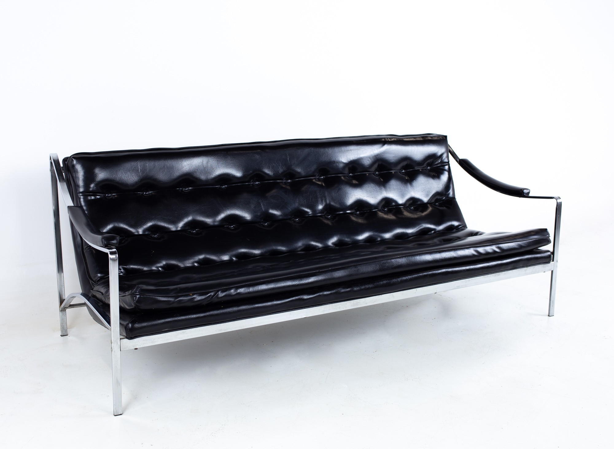 Milo Baughman Style Mid Century Tufted Chrome Sofa