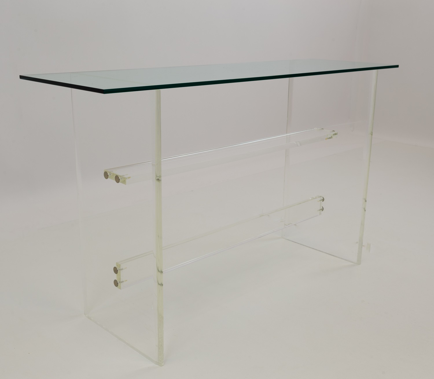Italian Mid Century Modern Lucite Pedestal Glass Shallow Console Table