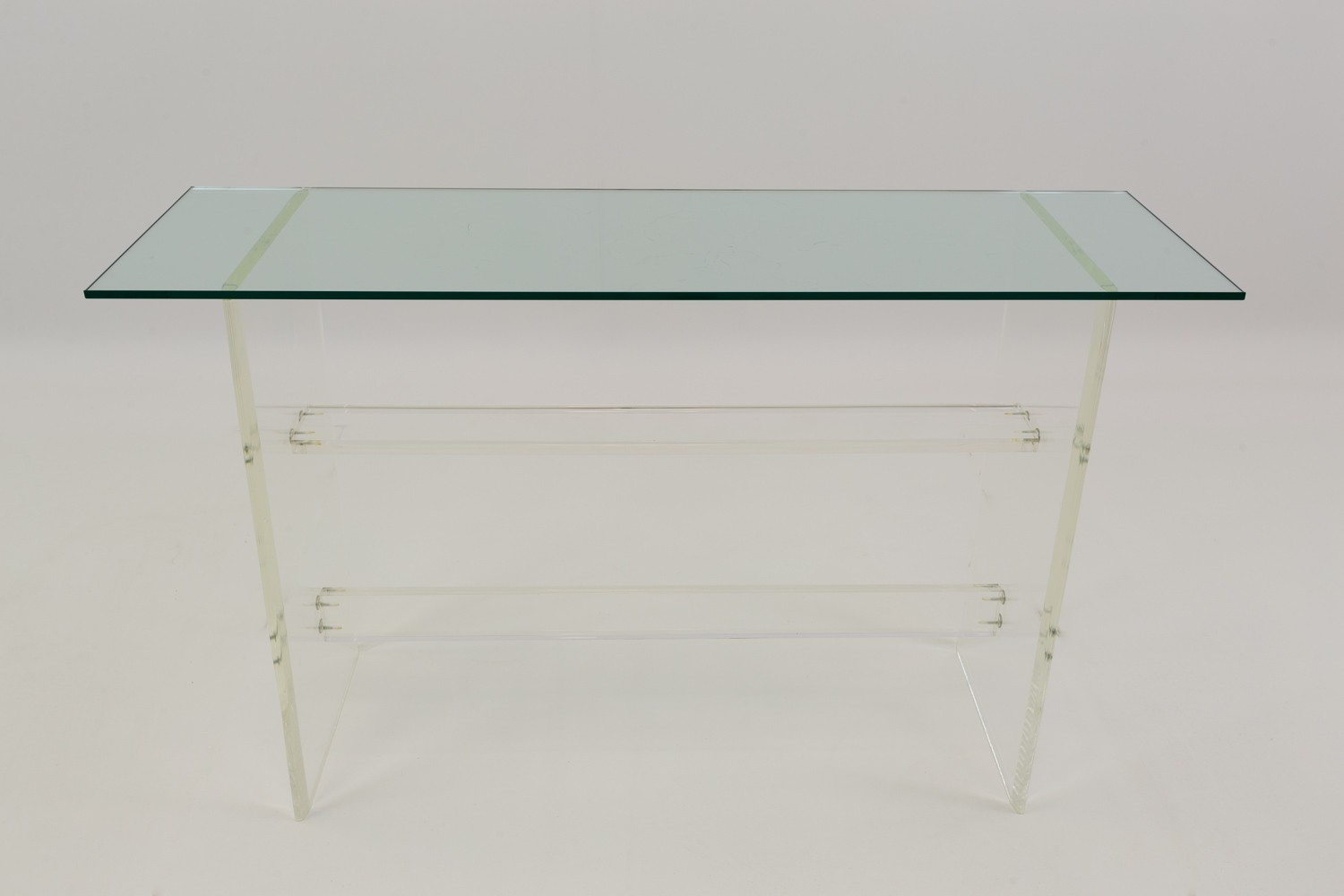 Italian Mid Century Modern Lucite Pedestal Glass Shallow Console Table