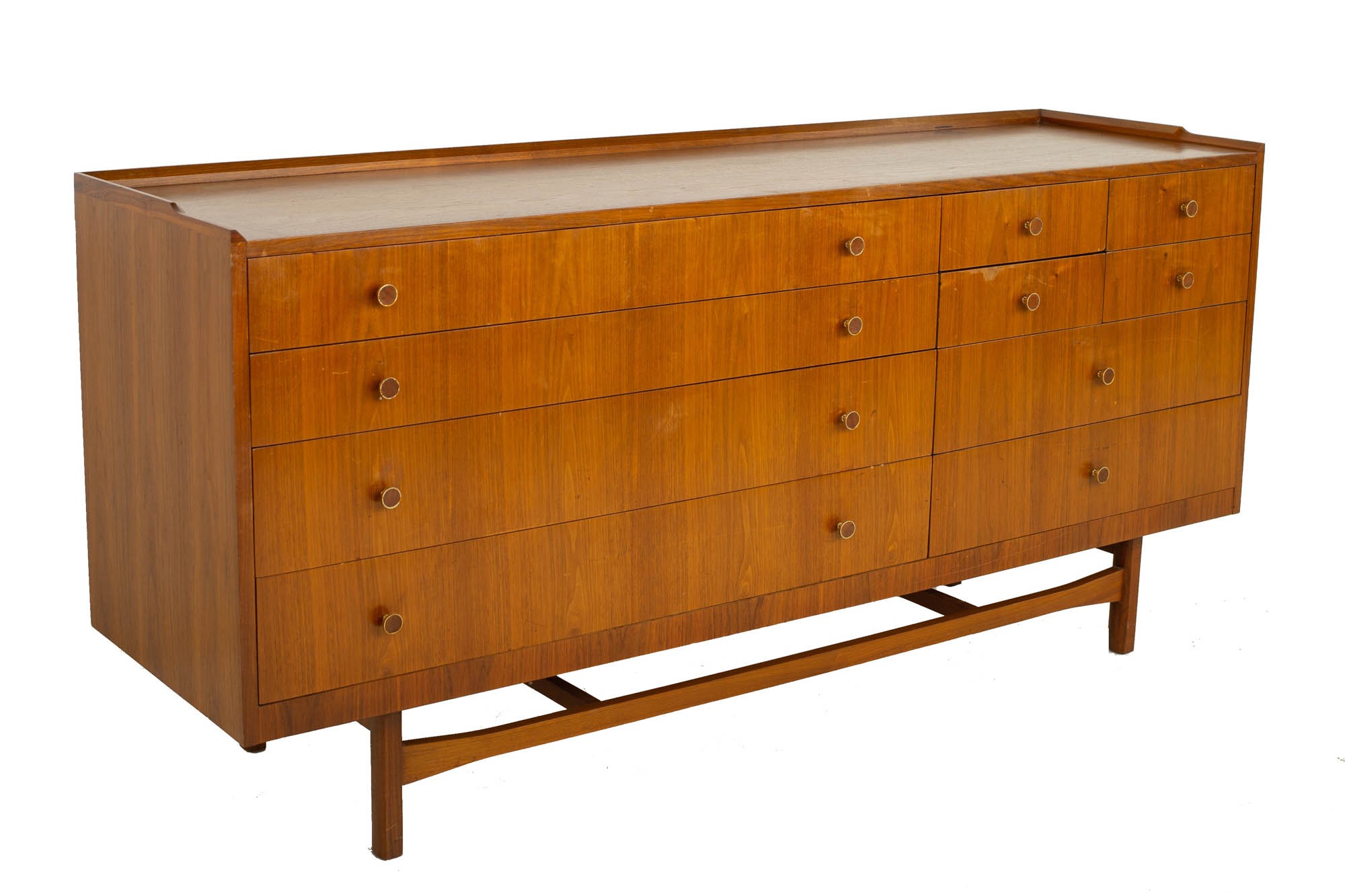 Drexel Heritage Mid Century Walnut and Brass 10 Drawer Lowboy Dresser