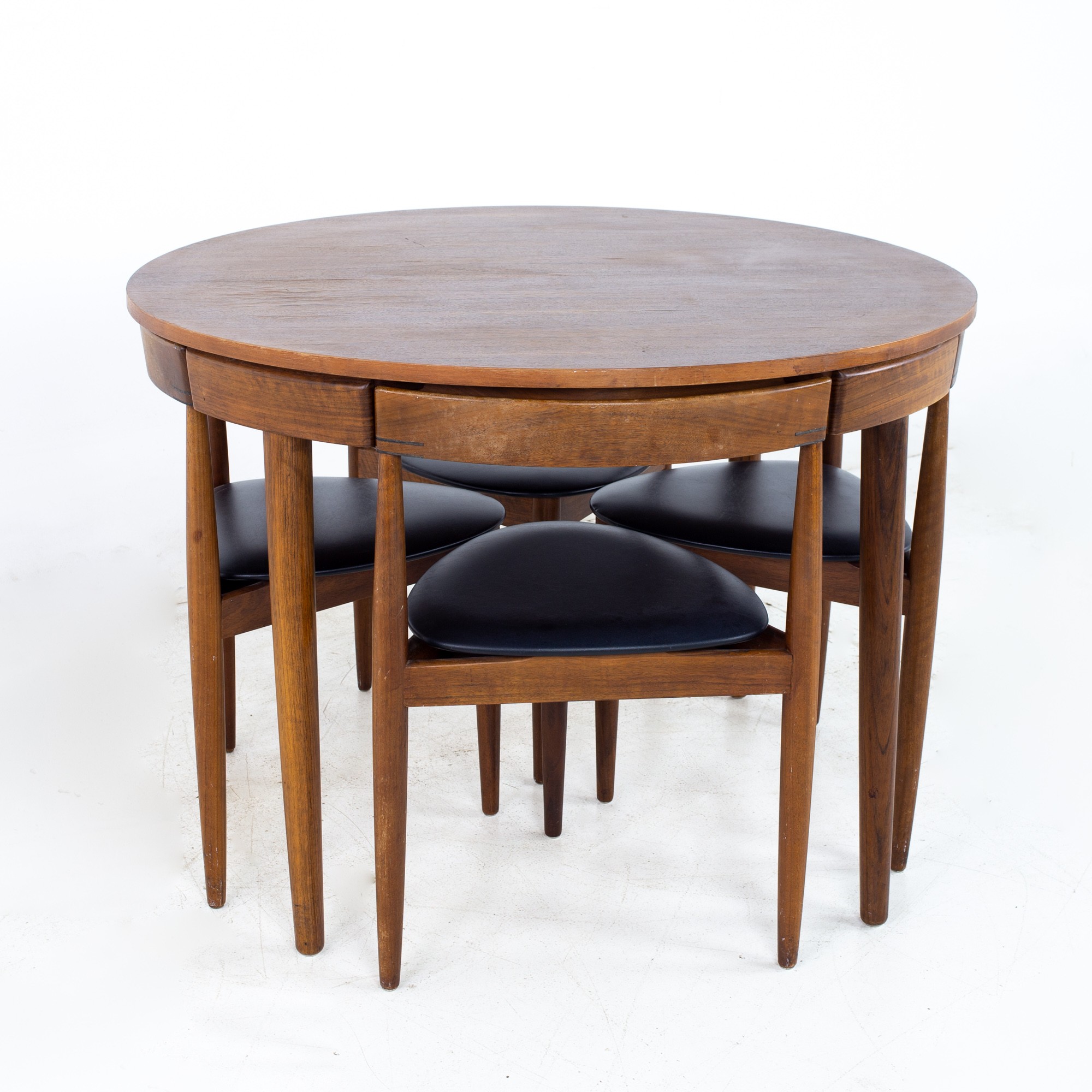 Hans Olsen for Frem Røjle Mid Century Round Danish Teak Dining Table with Set of 4 Nesting Chairs