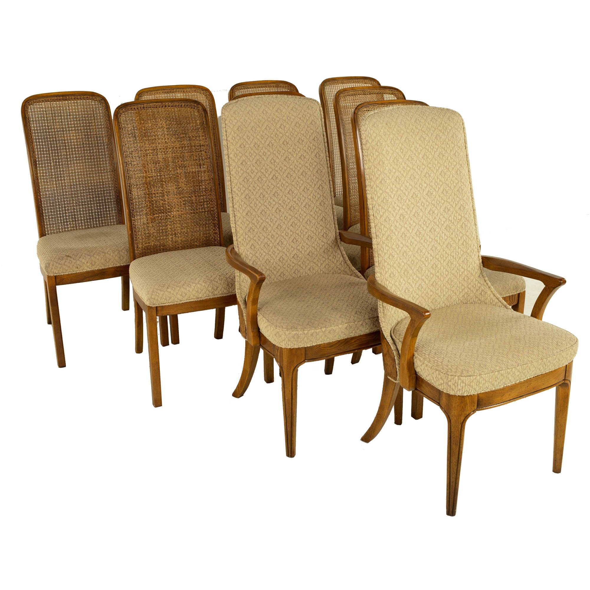 Hickory Manufacturing Company Mid Century Burlwood and Cane Dining Chairs - Set of 10