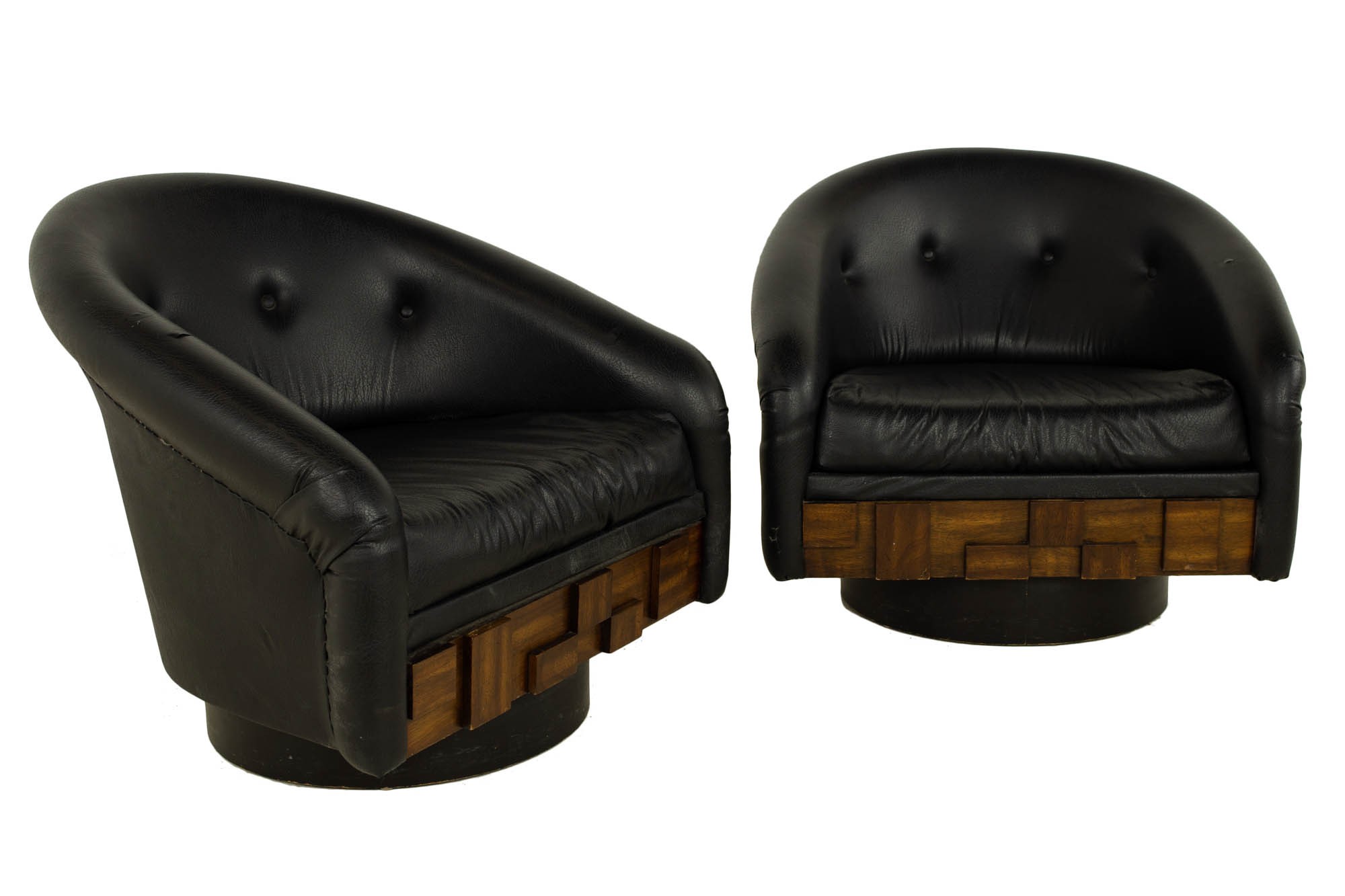 Lane Brutalist Mid Century Walnut Swivel Barrel Back Lounge Chairs - Pair