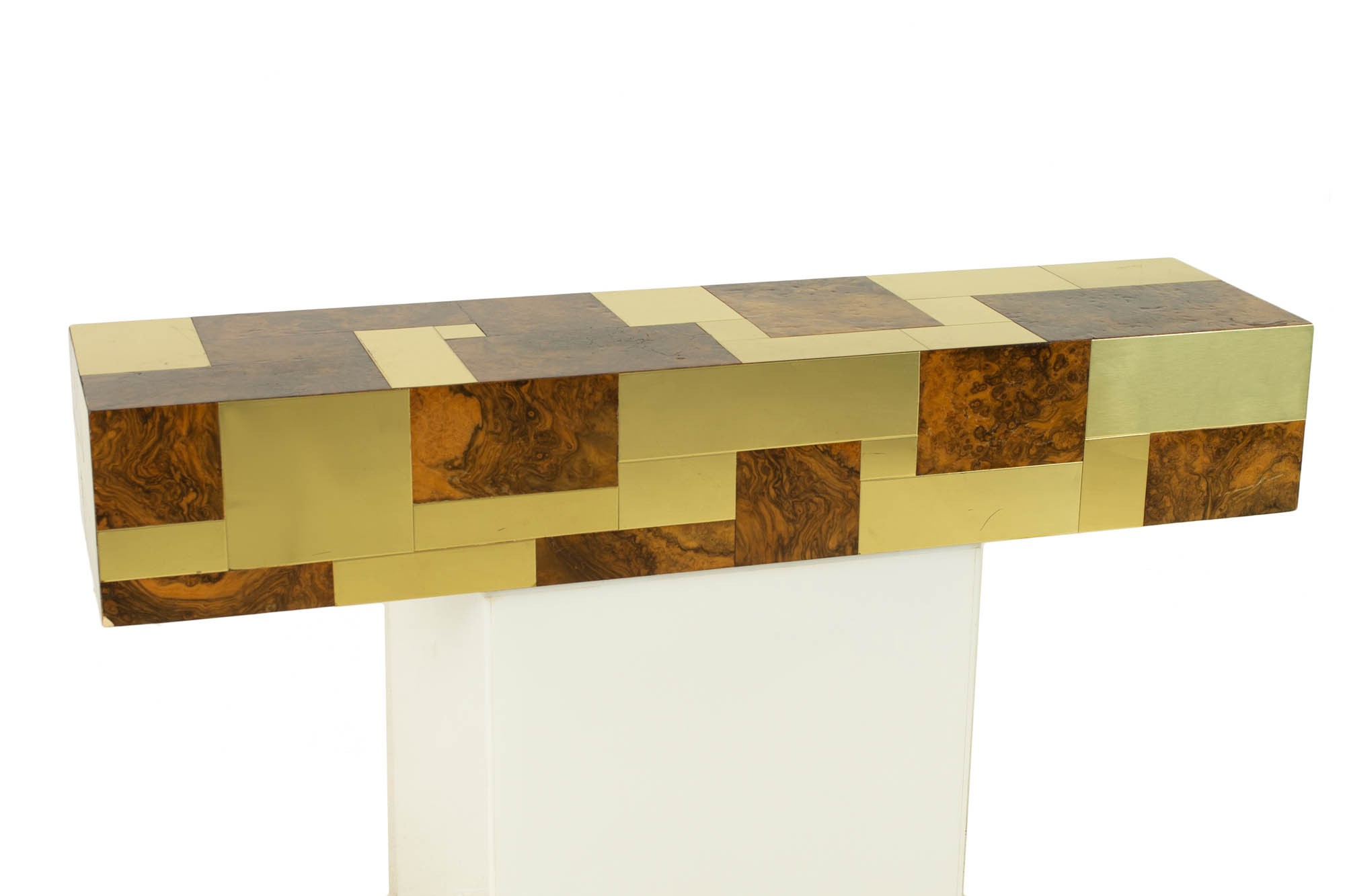 Paul Evans Mid Century Cityscape Brass and Burlwood Floating Console Table