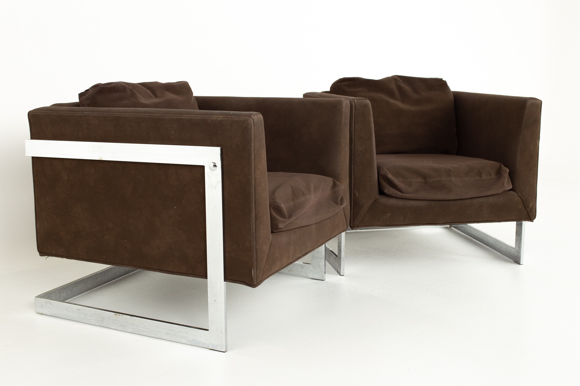 Milo Baughman Mid Century Chrome Cantilever Lounge Chairs - Pair