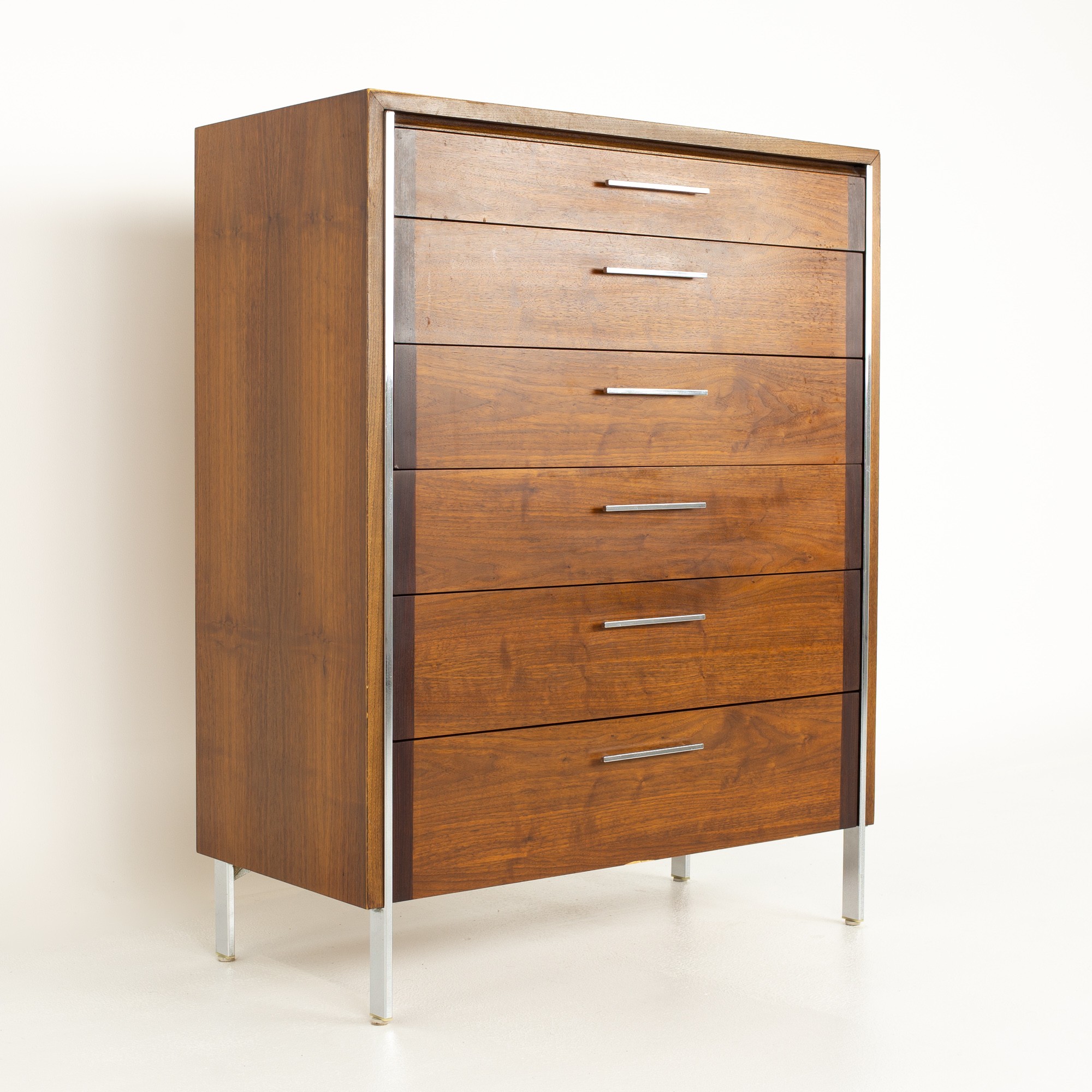Paul Mccobb Style Lane Mid Century Walnut and Chrome 6-drawer Highboy Dresser
