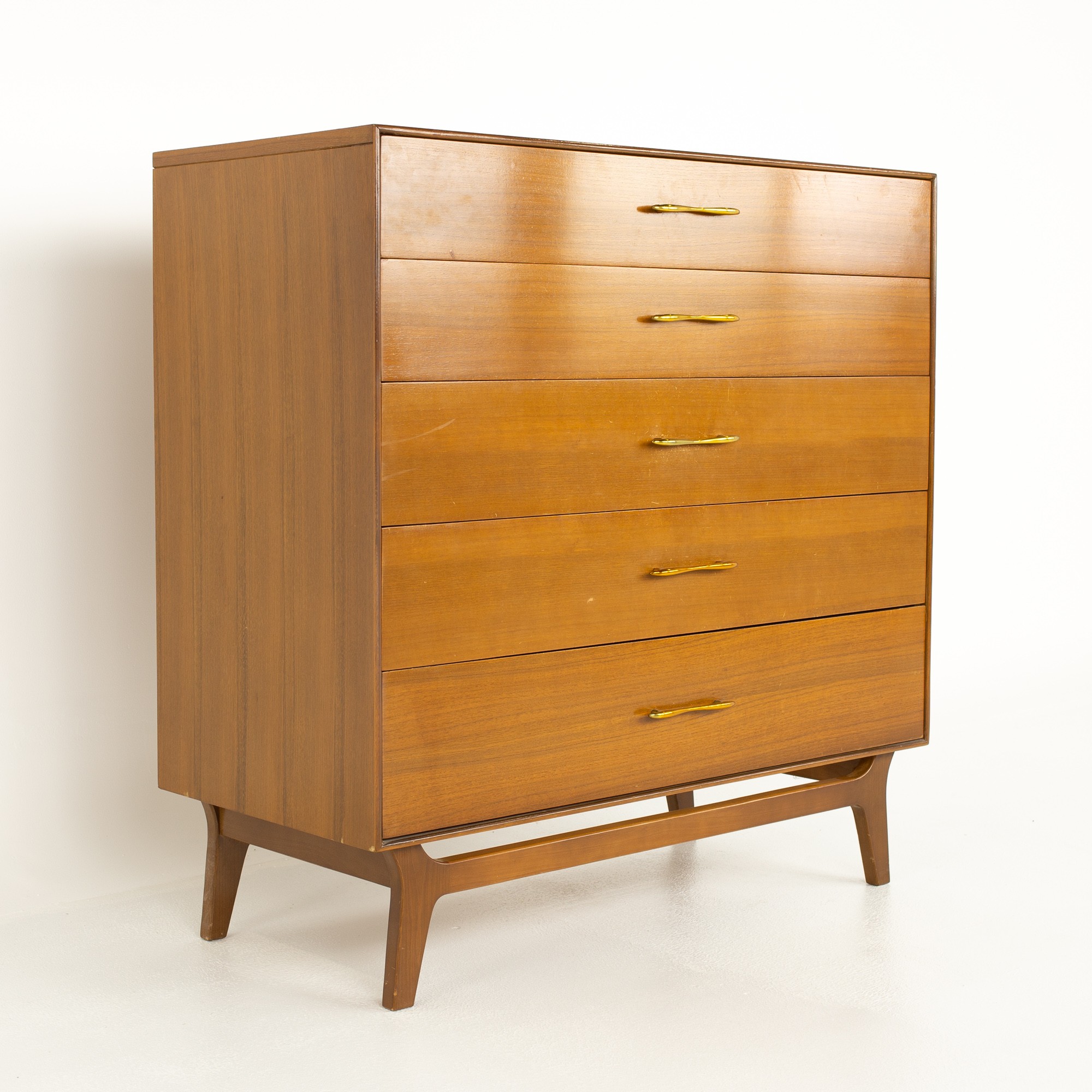 R-way Mid Century 5-drawer Walnut and Brass Highboy Dresser