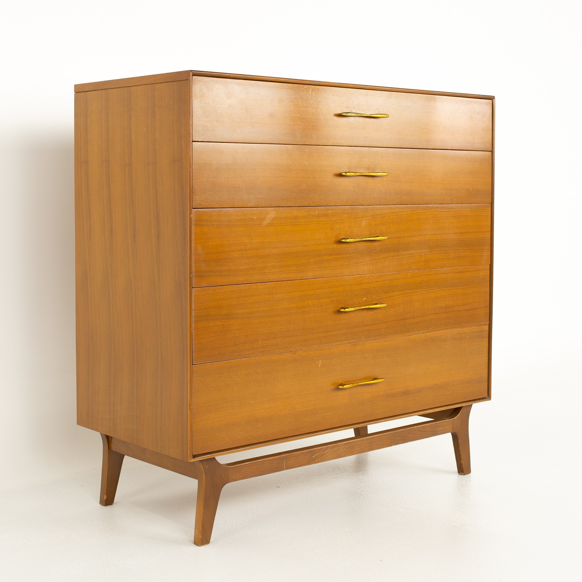 R-way Mid Century 5-drawer Walnut and Brass Highboy Dresser
