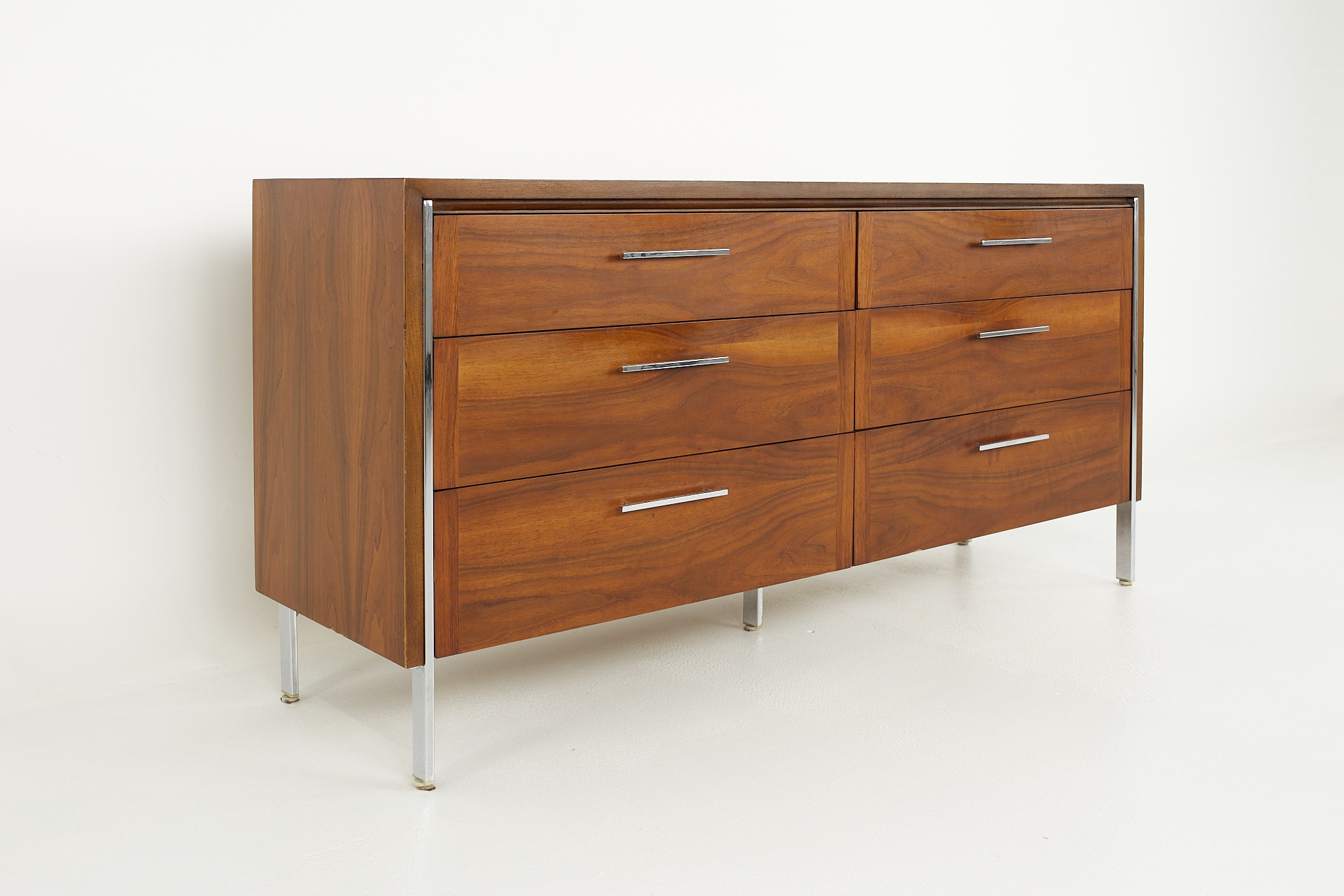 Paul Mccobb Style Lane Mid Century 6-drawer Walnut and Chrome Lowboy Dresser