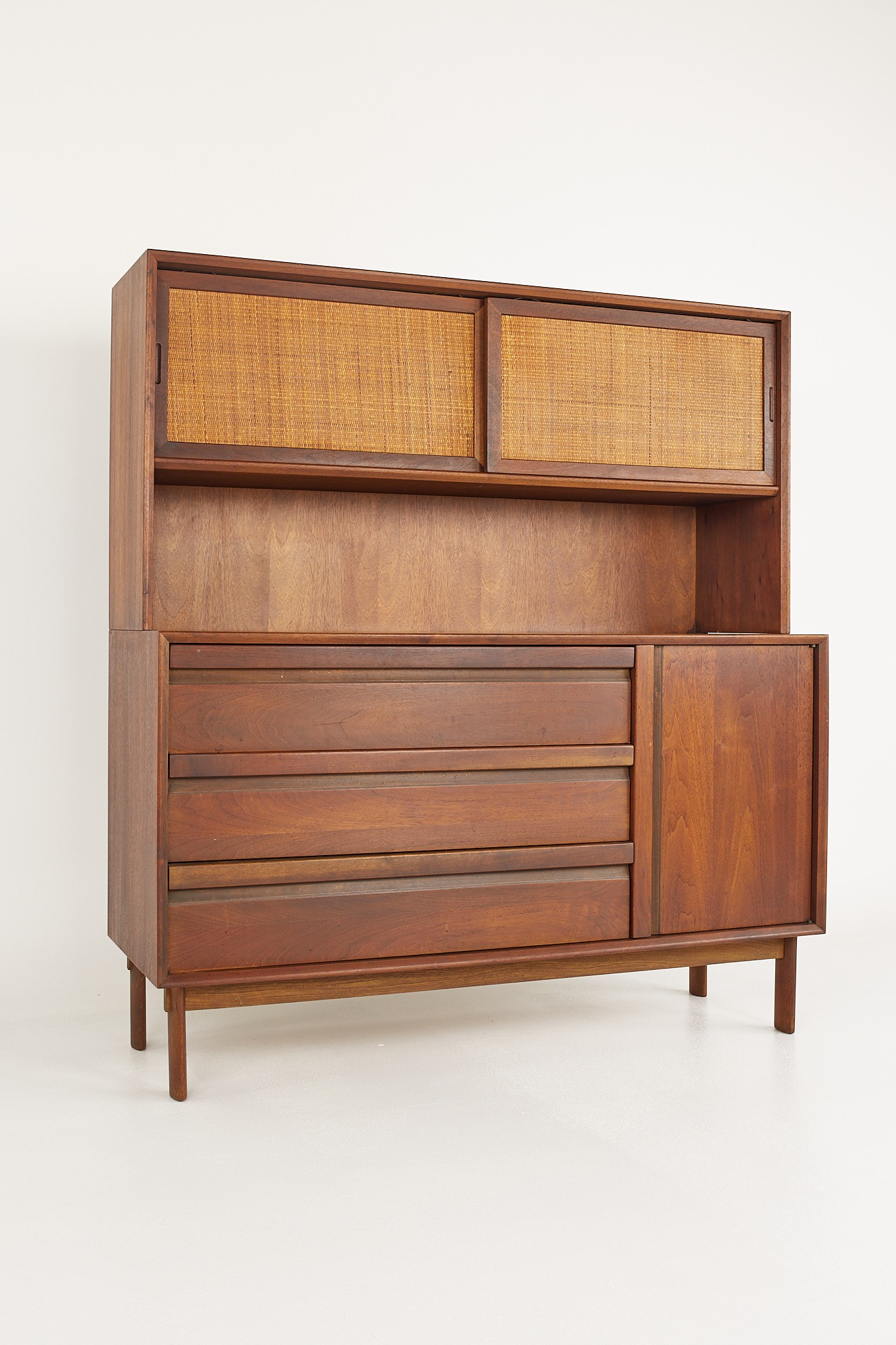 Lawrence Peabody Mid Century Walnut and Cane Buffet Sideboard Credenza and Hutch