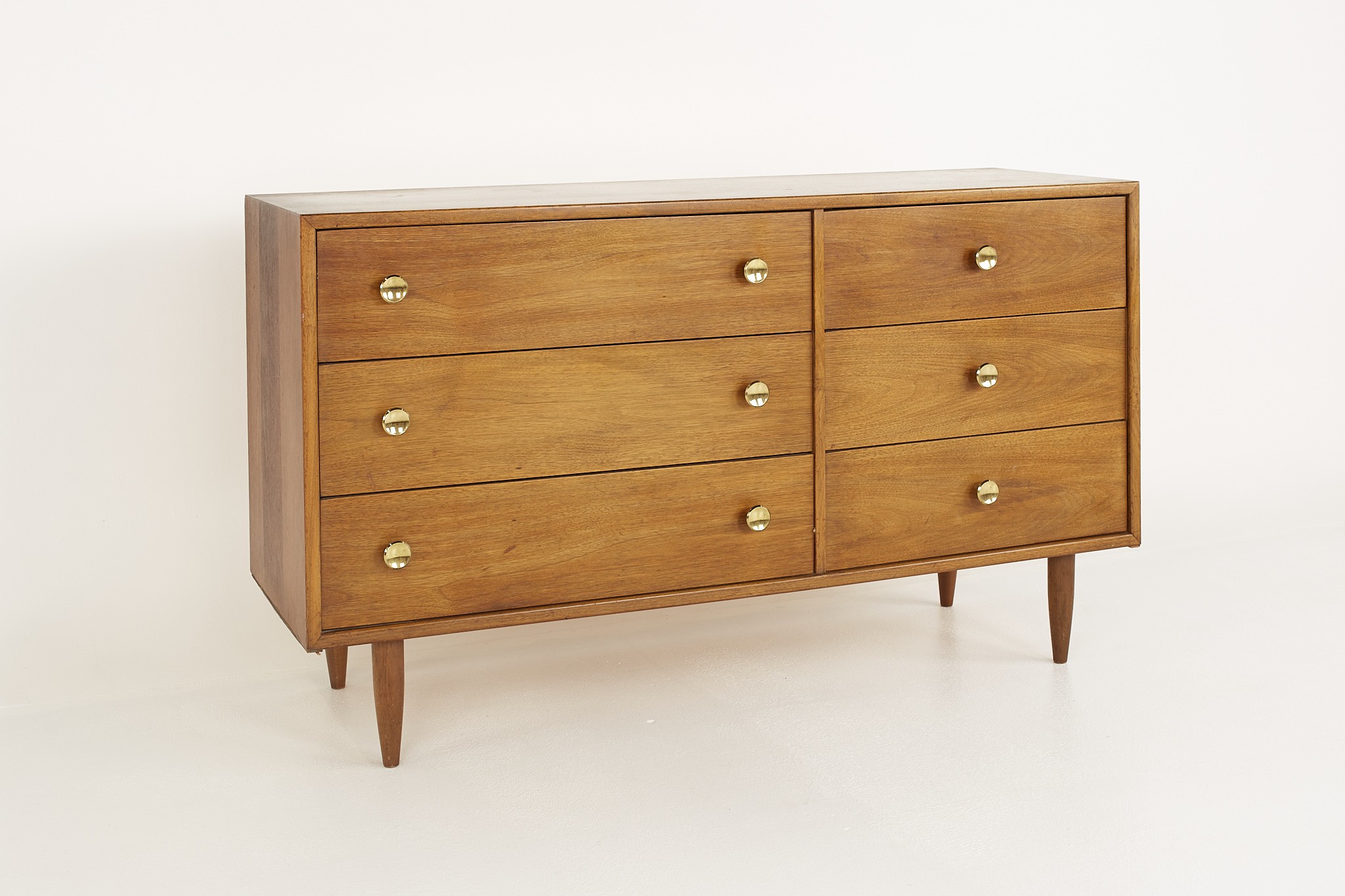 Kipp Stewart Style Mid Century Walnut and Brass 6 Drawer Lowboy Dresser